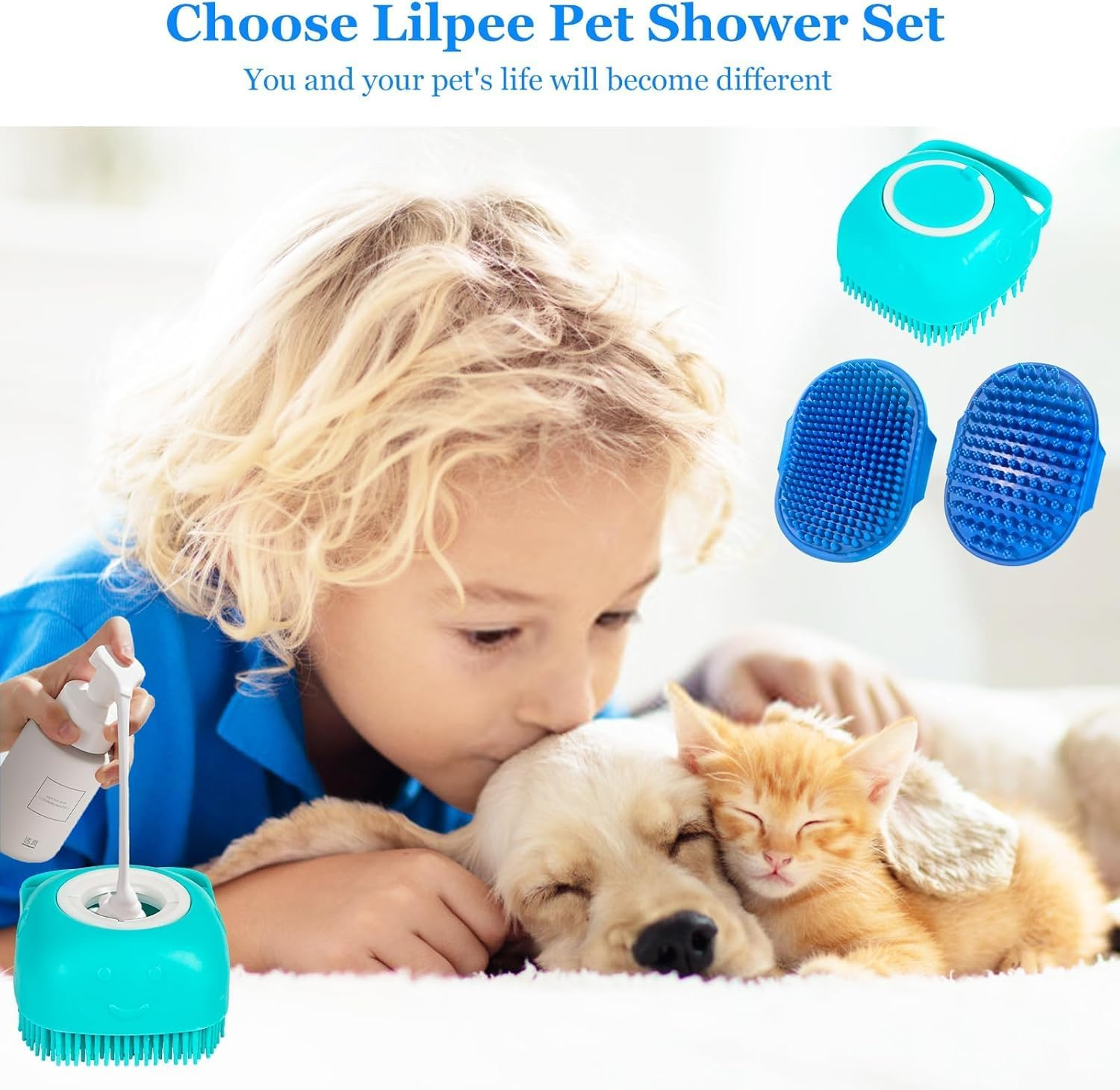 6PCS Dog Bath Brush with 3Pcs Dog Toothbrush, Dog Scrubber for Bath, Dog Shampoo Brush with Adjustable Ring Handle, Dog Shower Brush for Long Short Hair image number 1