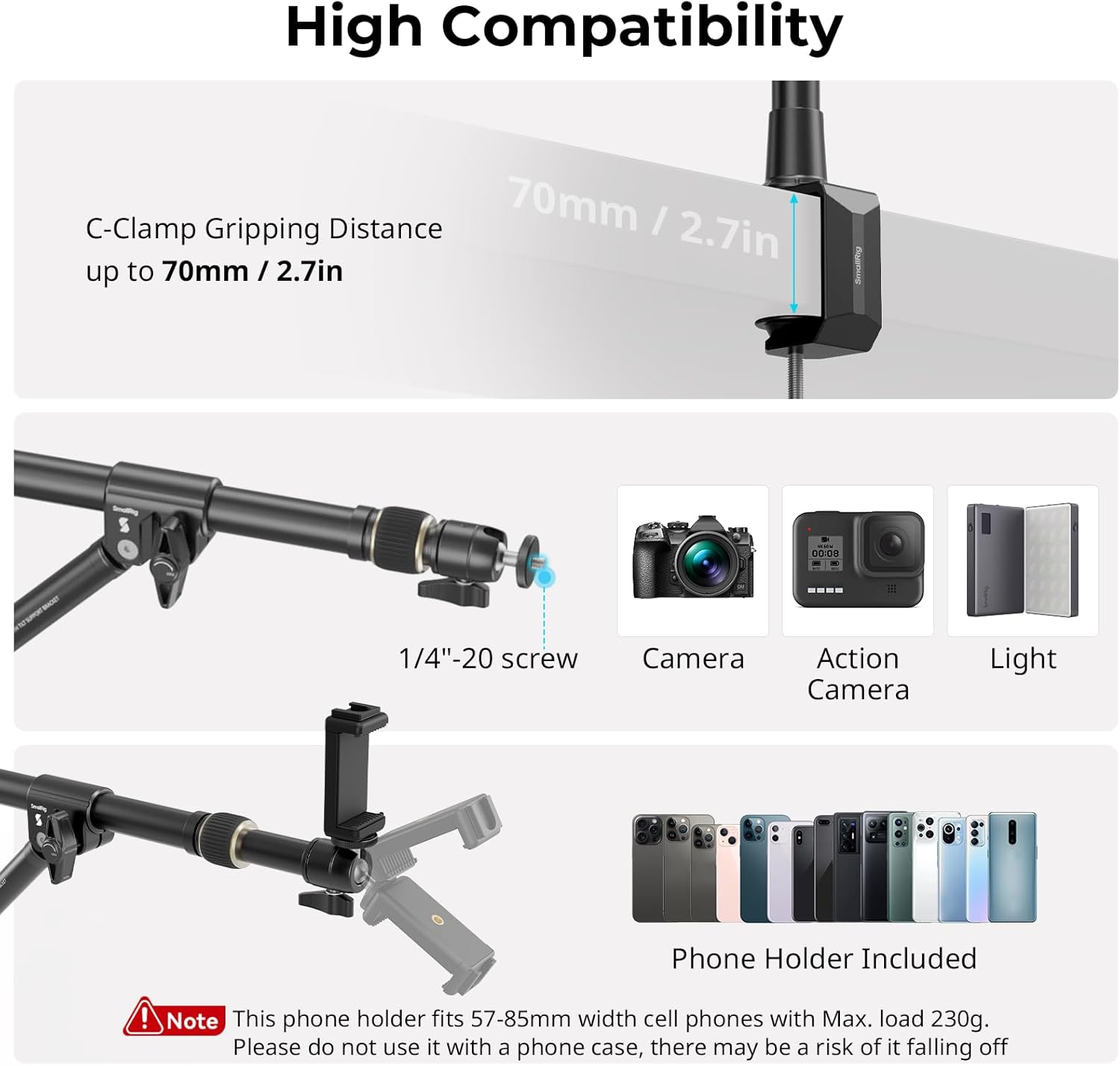 SMALLRIG Triangle Camera Desk Mount, Max. Load 3Kg/ 6.6Lbs, Overhead Camera Mount with Auxiliary Support Rod, with Phone Holder and Small Ball Head for Camera/Phone/Light/Webcam - 4304 image number 2