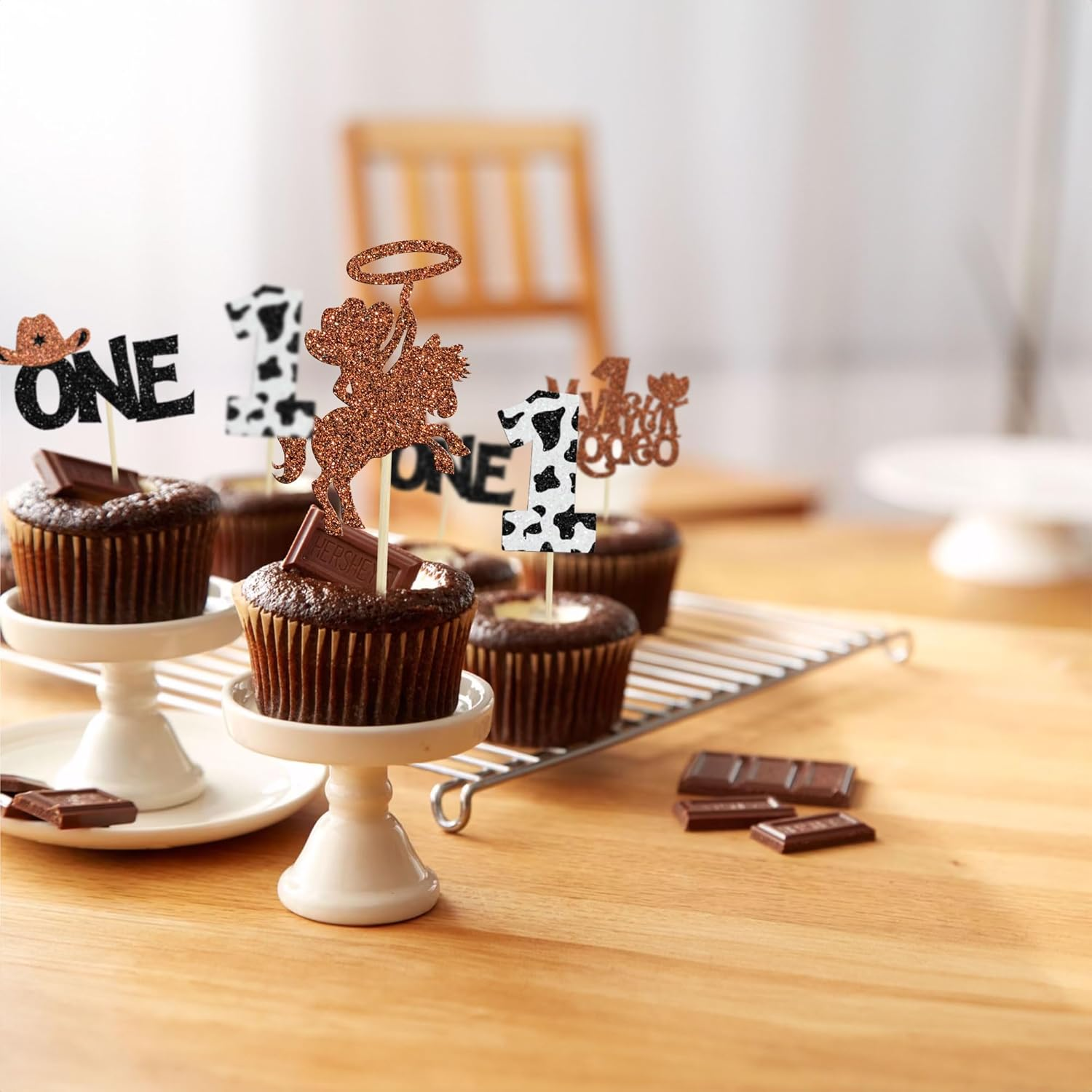 24Pcs Cowboy 1St Birthday Cupcake Toppers Glitter First Birthday Hat Cowboy One Cake Decorations for Western Theme Baby Shower Kids Boys 1St Birthday Party Supplies Brown image number 1