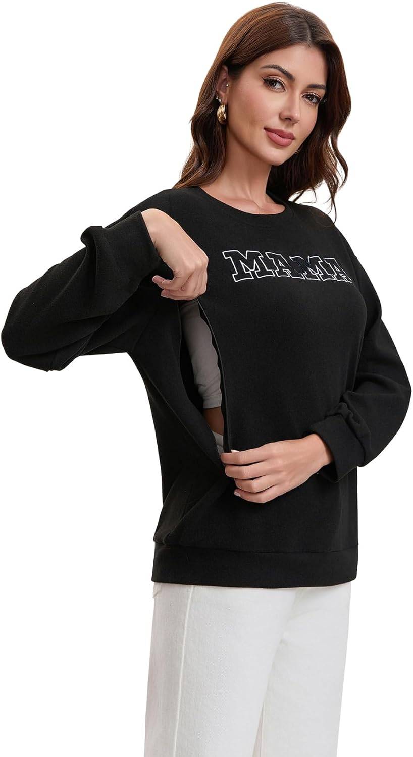 TAIUICY Women Waffle Knit Mama with Zippers Breastfeeding Sweatshirt Mama Embroidered Zip Nursing Pullover Tops image number 4