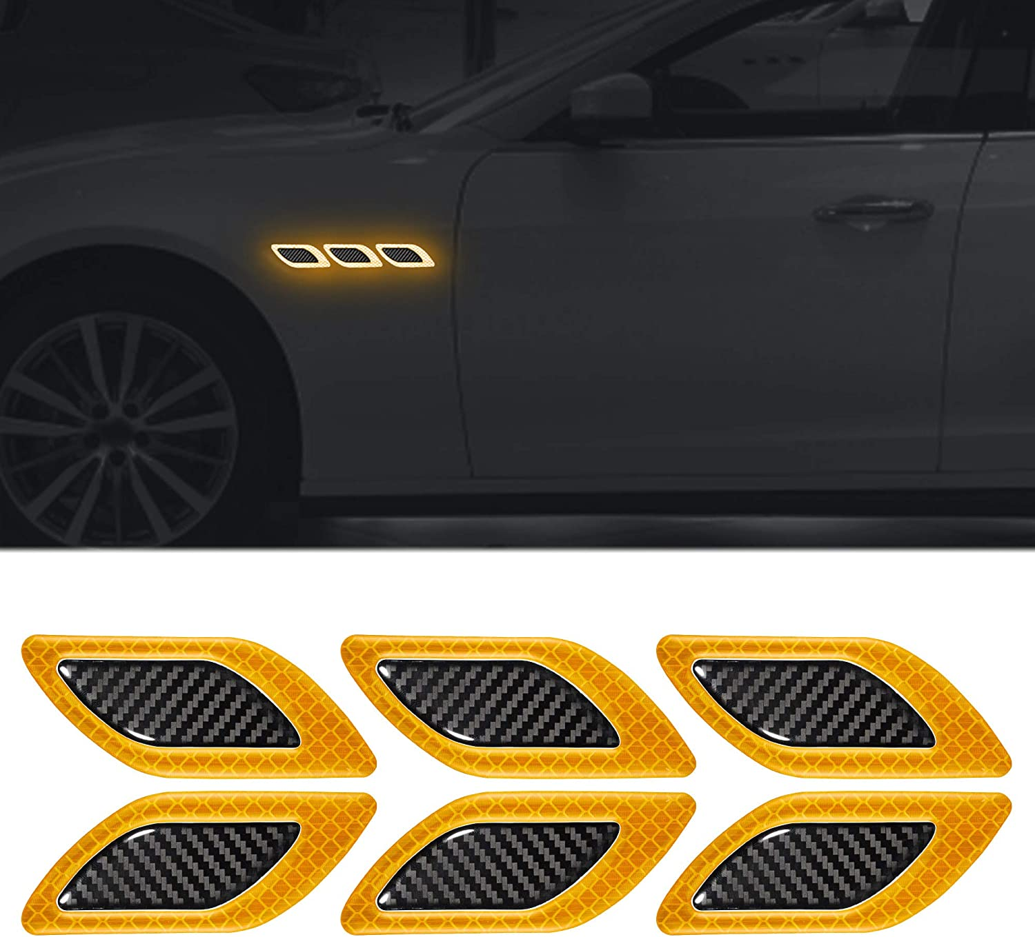 TOMALL 6Pcs 3D Strong Reflective Stripe Sticker for Car Fender Hood Bumper High-Intensity Night Visibility Reflective Decal Safety Warning Diamond Grade Carbon Fiber Universal for Car SUV (White)