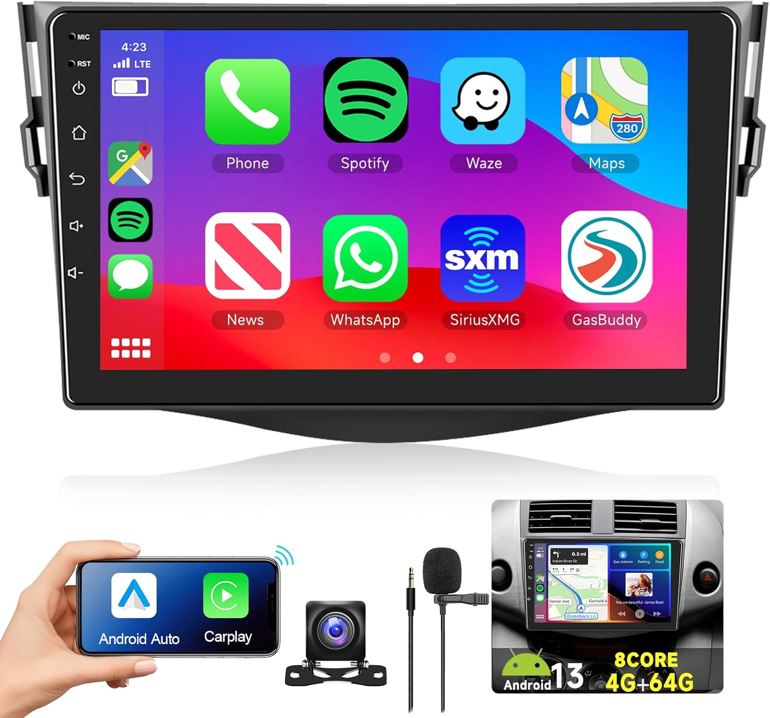 Podofo 8-Core 4G+64G Car Radio for Toyota RAV4 2007 2008 2009 2010 2011, Wireless Apple Carplay Android Auto Car Stereo, 9&rdquo; IPS Touchscreen with Wifi, GPS, Bluetooth,Fm/Rds, 34EQ DSP, Rear Camera image number 2