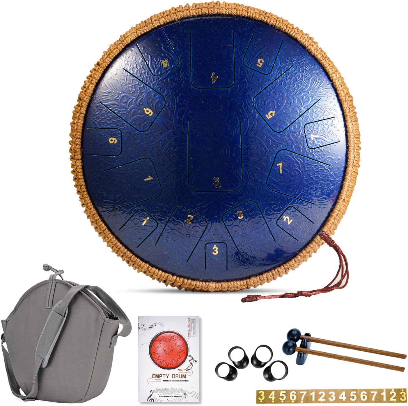 2025 New Steel Tongue Drum - 14 Inch 15 Notes with Laser Carving & Etching Craft Tongue Drum Rain Drum for outside - Hand Pan with Music Book Drum Mallets and Carry Bag for Family and Friends (BLUE)