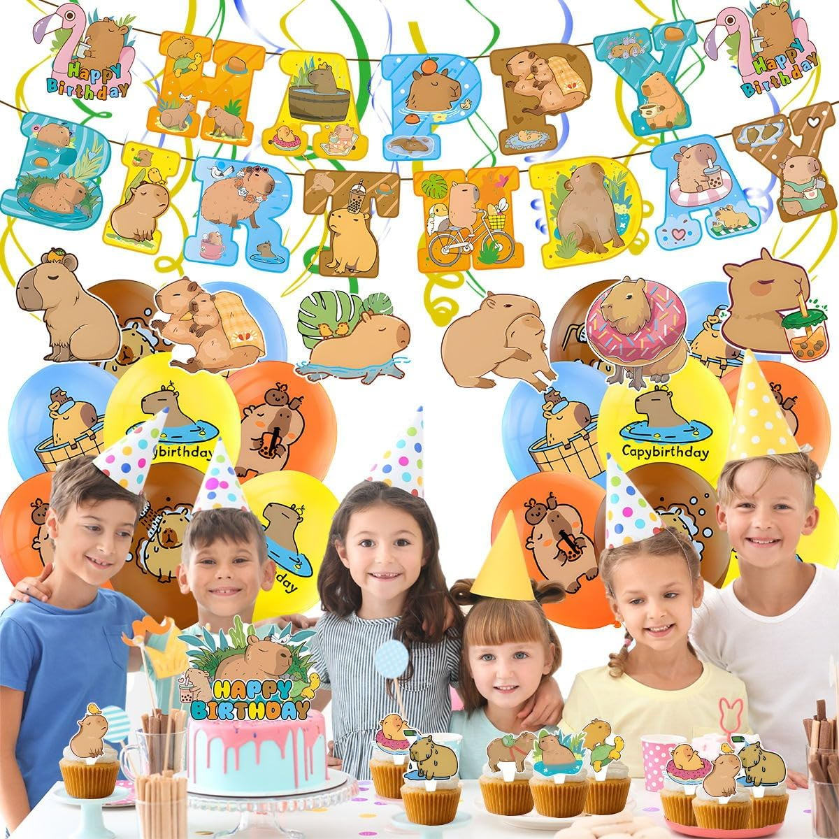 JU XIN Capybara Birthday Party Supplies, Capybara Theme Decorations with Banner, Cake Topper, Cupcake Toppers, Balloons