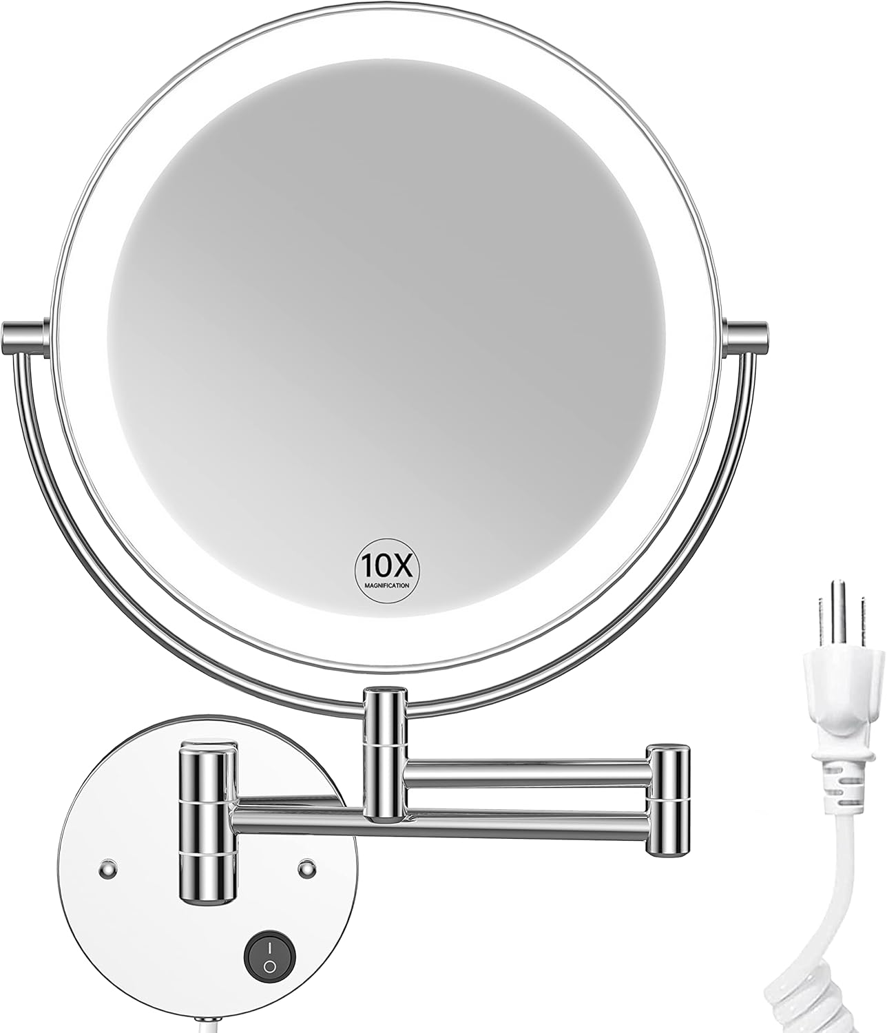 Benbilry 9" Large Size Wall Mounted Makeup Vanity Mirror, 1X/10X Magnifying Double Sided Shaving Mirror for Bathroom, 360&deg; Swivel Extendable Arm, Nickel Finish