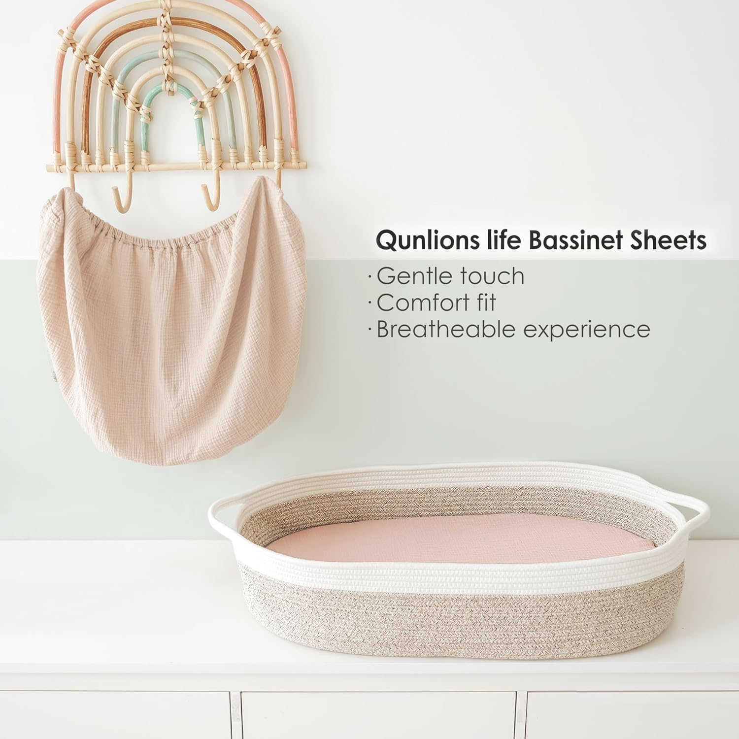 Muslin Bassinet Sheets for Babies &ndash; Soft & Breathable 100% Cotton Fitted Sheets for Oval, Rectangle, Hourglass Bassinet Mattress Pads, 2-Pack (Pink) image number 5