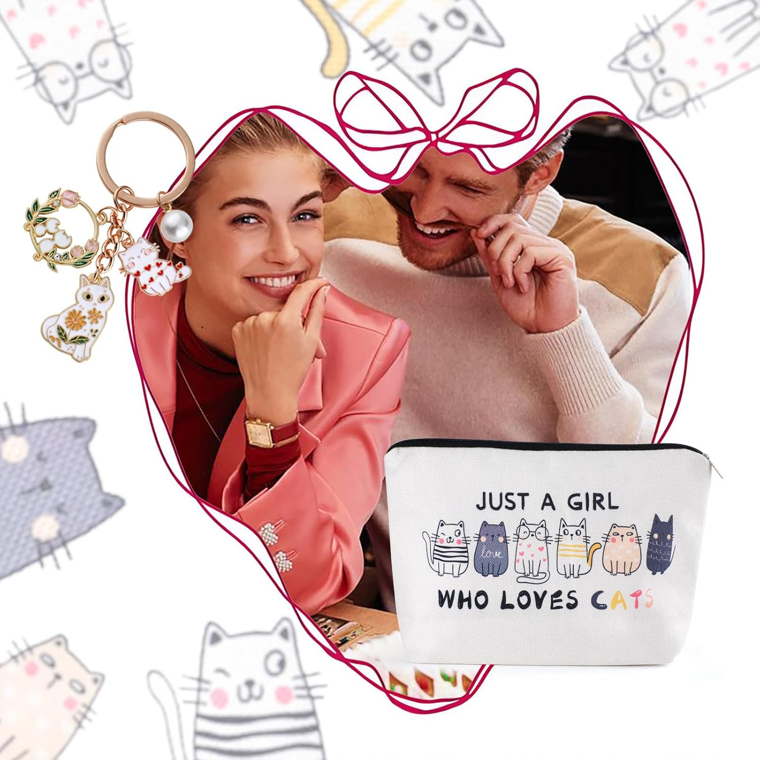 2 PCS Cat Bag for Women - Personalised Makeup Bag Set with Keyring, Themed Travel Cosmetic Zipper Pouch, Cute Keychain for Car Keys/Purses/Handbags image number 3