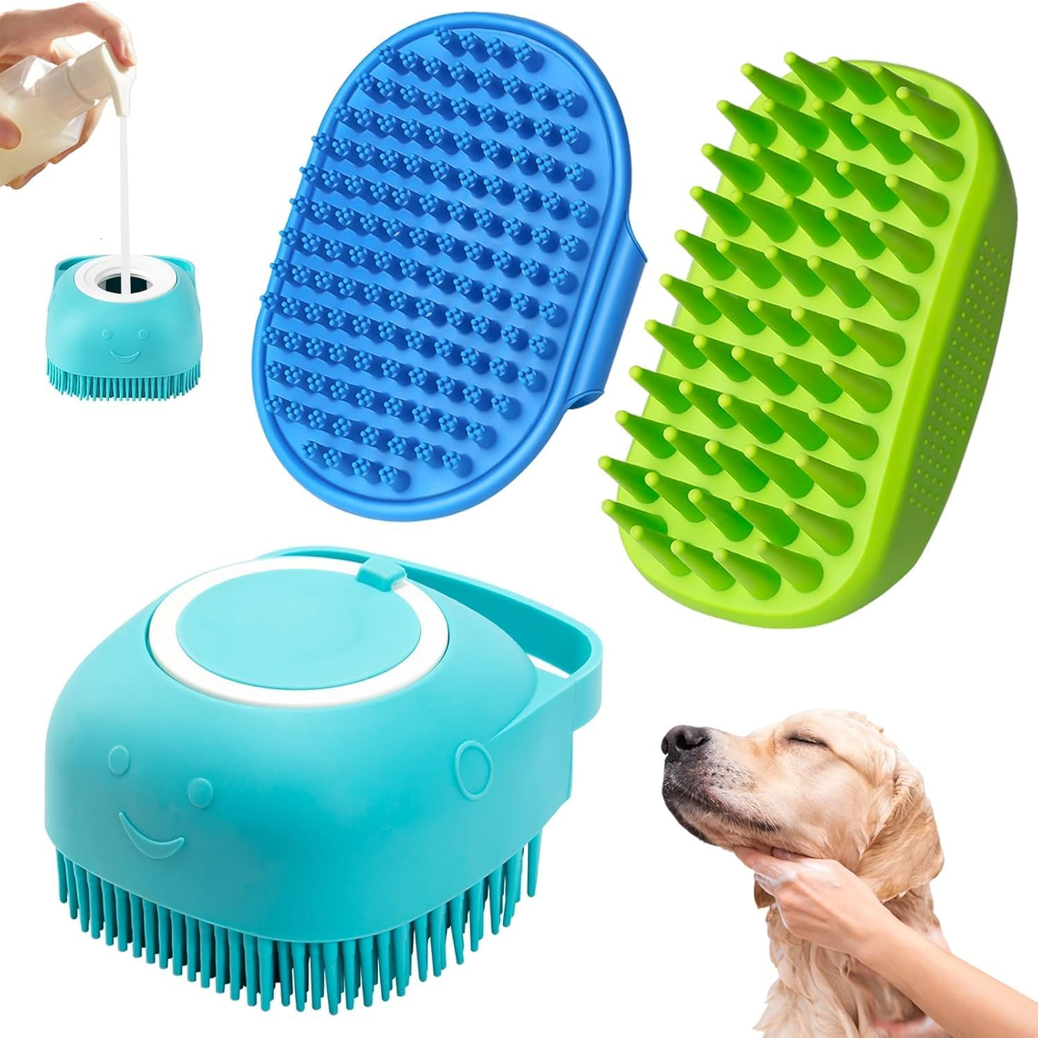 Comotech 3-In-1 Dog Grooming Brush | Adjustable Handle Shampoo Brush & Scrubber for Short & Long Haired Dogs & Cats (Blue Blue White)