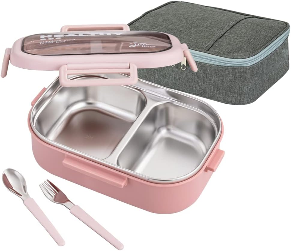 Lille Home 28Oz Stainless Steel Leakproof 2-Compartment Bento Lunch Box/Portion Control Food Container with Lunch Bag and Cutlery Set, BPA Free (Green)
