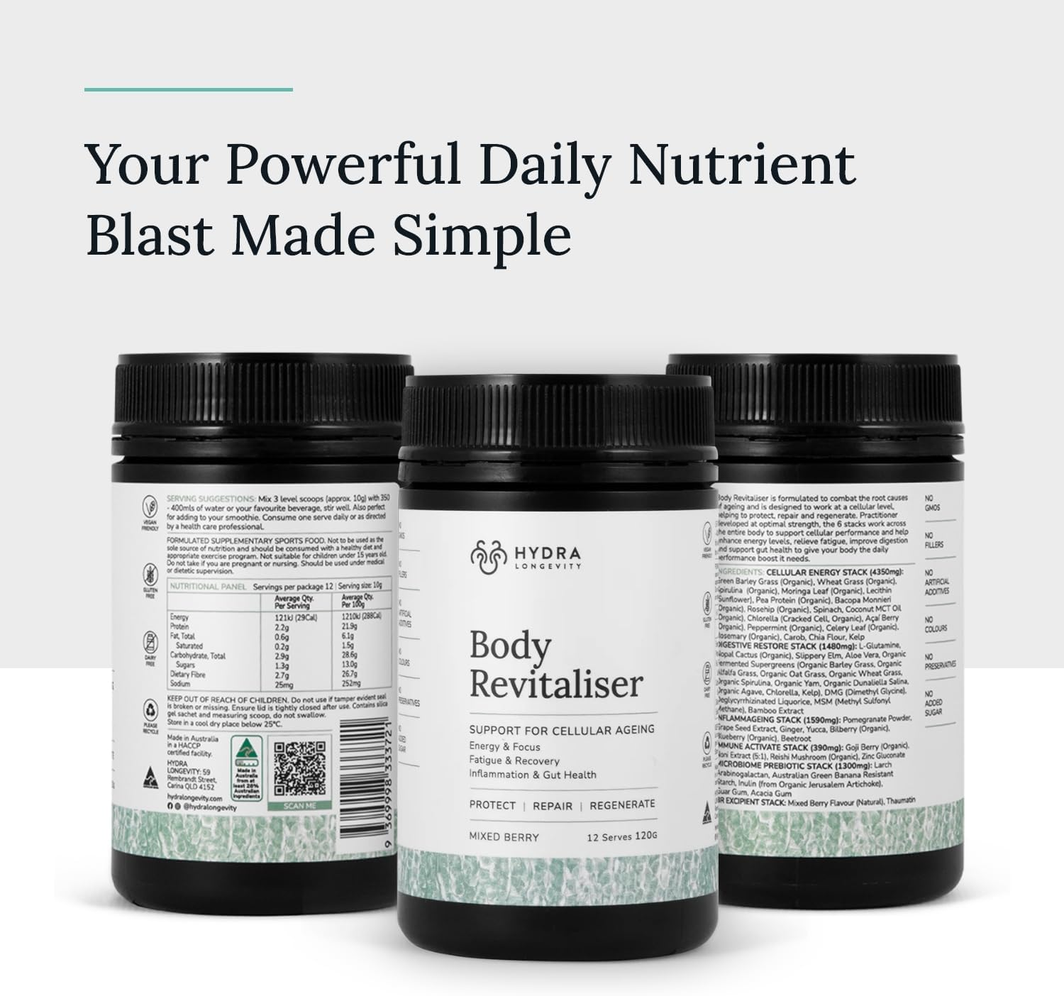 Body Revitaliser Organic Superfood Powder Health Supplement, 49 Ingredient Smoothie Mix with Prebiotics, Chlorella, Reishi, Vegan, Non-Gmo, Gluten-Free 120 Grams (12 Servings) image number 4