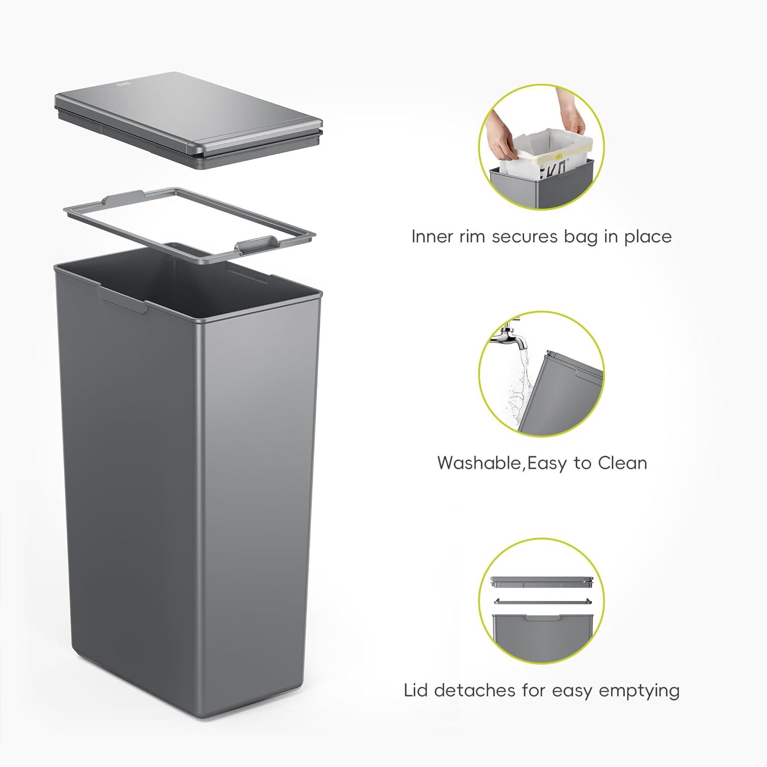 EKO - Morandi Kitchen Waste Bin - Plastic Touch Recycling Bin - Perfect for Kitchen and Home, Dark Grey, 40 Litres image number 5