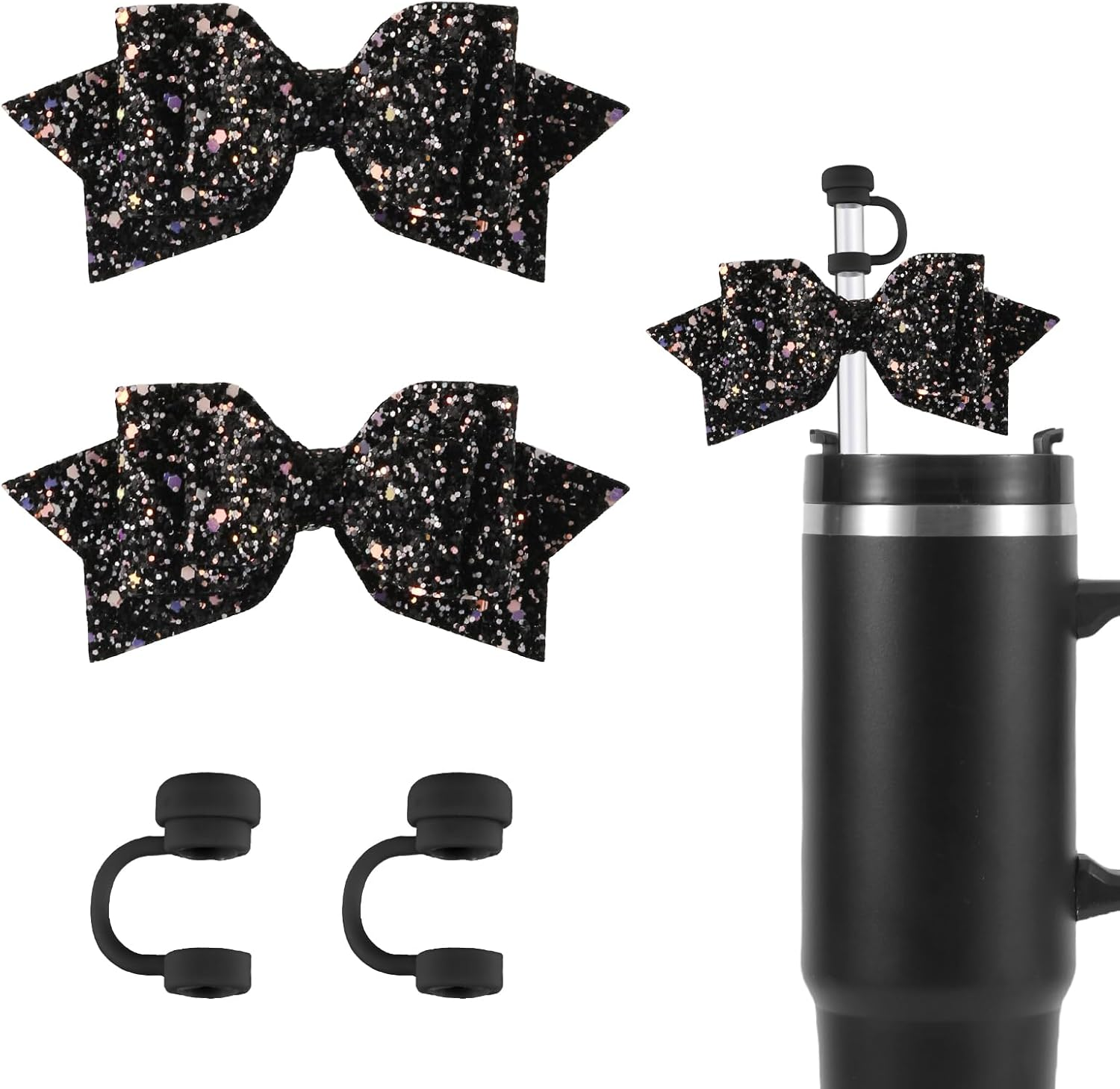 2Pcs Bow Charms & 2Pcs Straw Toppers, Cute Straw Lid Cover Caps Decorations Decor Accessories for Stanley Cup (Purple)