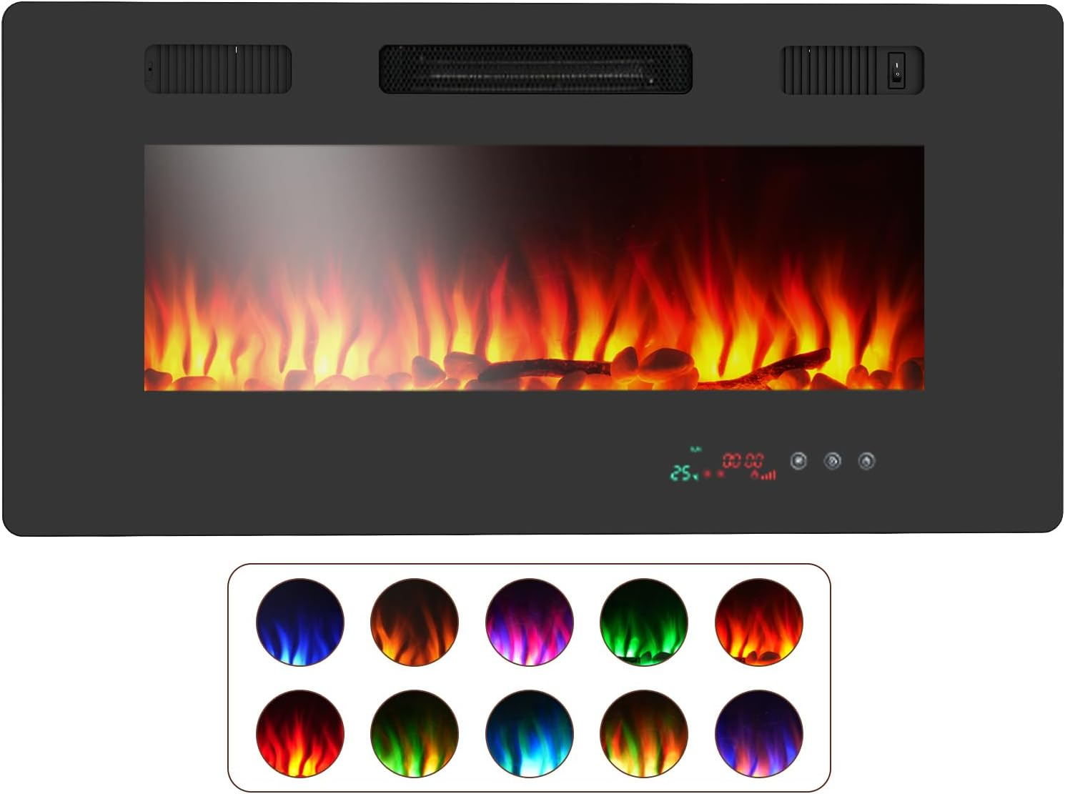 Electric Fireplace Inserts, 1000W/2000W Recessed/Wall Mounting Space Heater with 10 Flame Colors Timer Flame Display Brightness Adjustable
