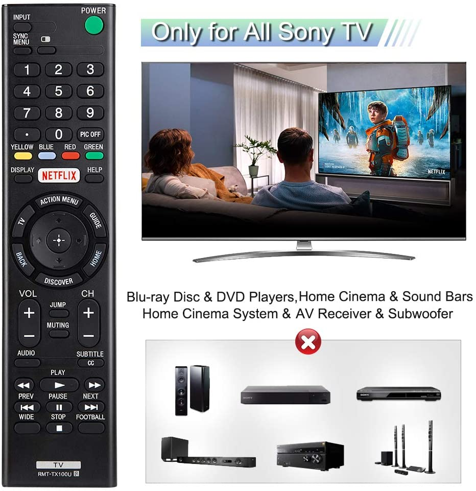 Universal Remote Control RMT-TX100U for All Sony TV Remote Replacement for All Sony LCD LED HDTV Bravia Smart Tvs, with Netflix Shortcut Button image number 2