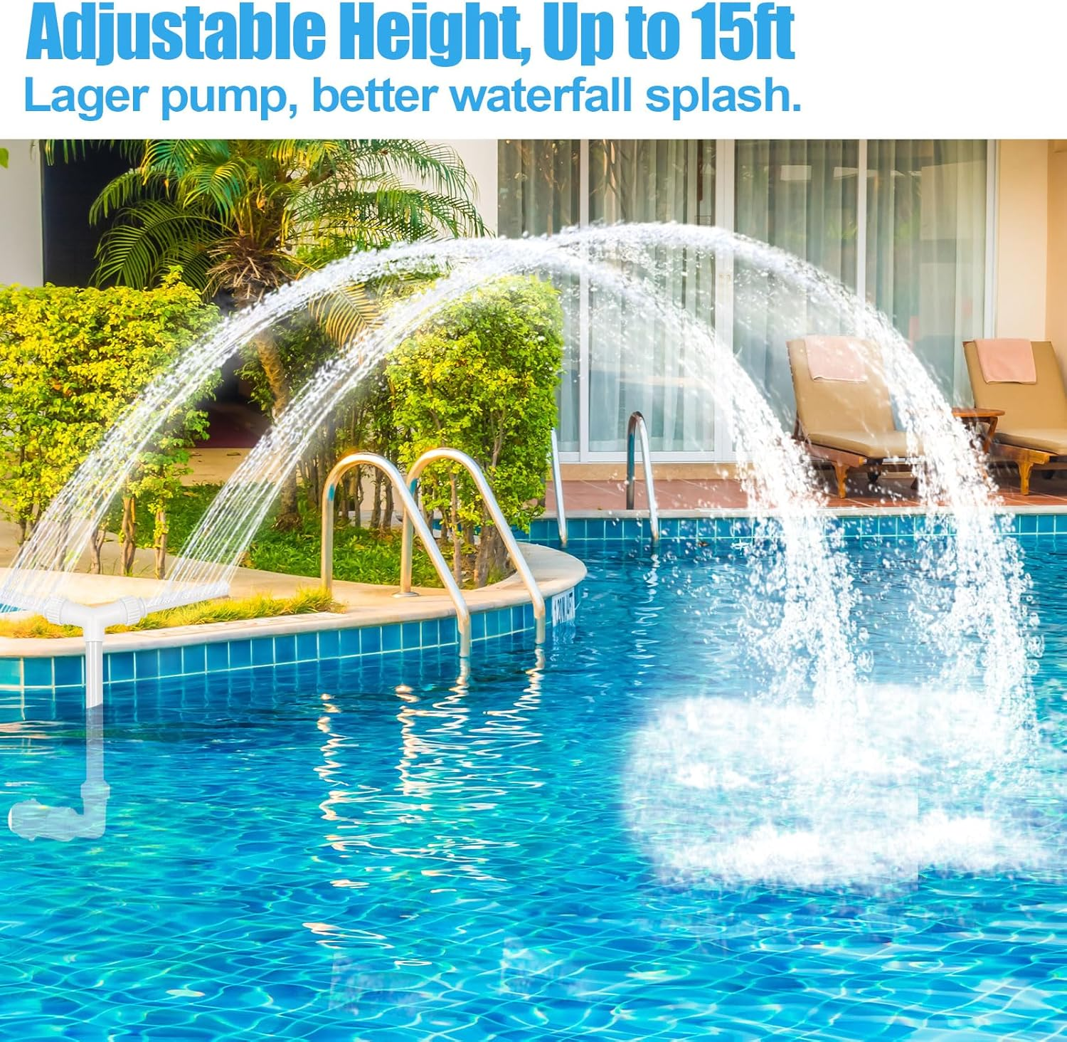 Pool Fountain for Swimming Pool, Waterfall Fountain Spray, 2 Fountain Heads, Adjustable Water Sprinklers for above Inground Indoor Outdoor Pools, Fit for 1.5 in Pool Return Fittings Pools Decoration ﻿