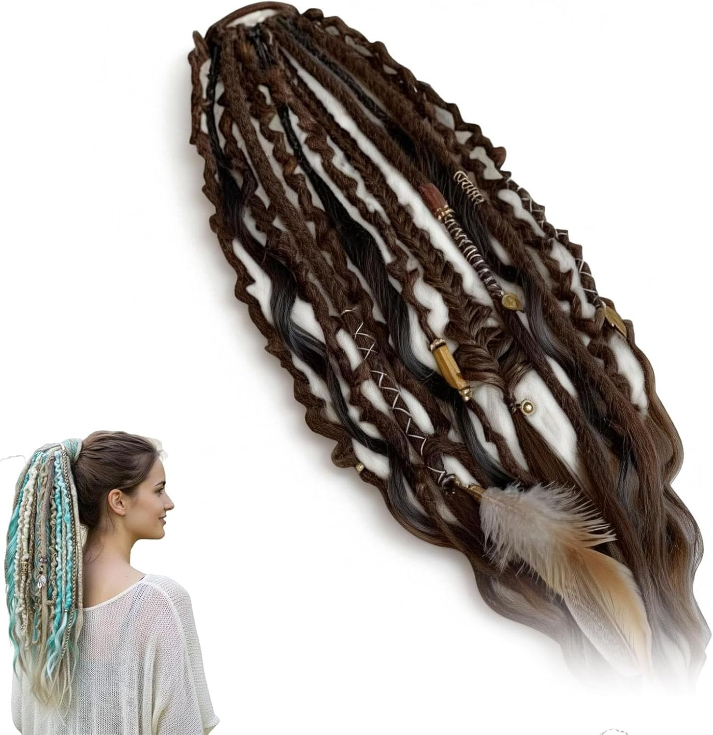 Elastic Dread Ponytail Salty, Boho Dreadlock Hair Extension with Beads, Shell and Charm Details, Easy 1-Minute Clip-In Ponytail Attachment for Festival, Travel & Casual (C)