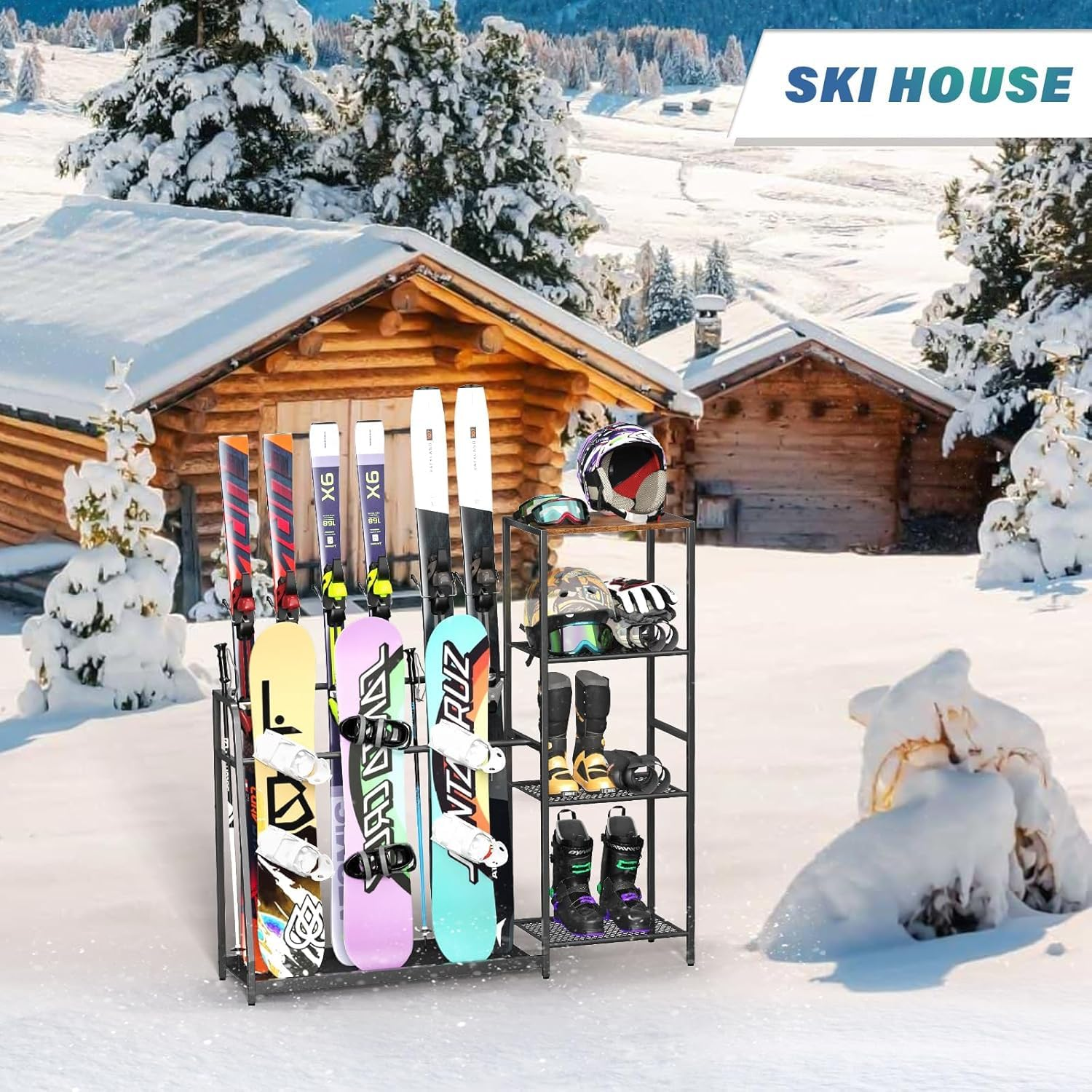 Yoimori Freestanding Snowboard Rack - 4 Pair Ski, 3 Pack Snowboard, Boot, Pole, Goggles, Helmet Rack for Garage, Shed, Basement