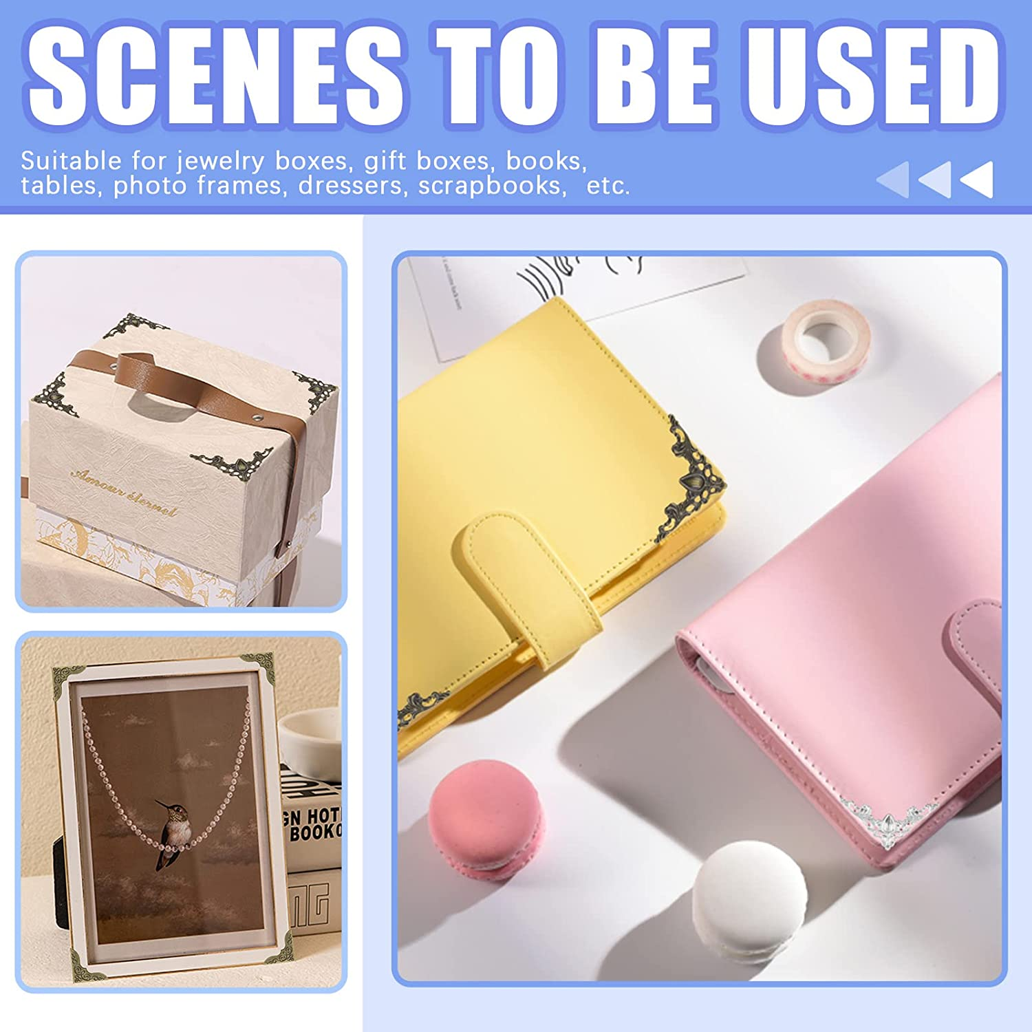 Glarks 160Pcs 4 Colors Metal Book Corners Protector 2 Styles Guard Edge Cover Book Scrapbooking Corner Protector Menus Album Notebook Folder File Corner Decorative Frame Angle Protector Covers image number 1