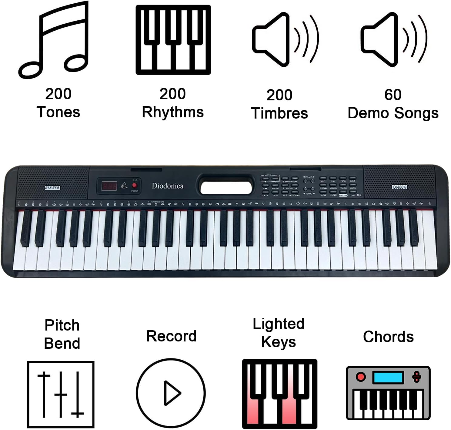 Diodonica 61-Key Light-Up Keyboard Piano for Kids & Beginners with Stand, Stool & Microphone &ndash; Portable Electric Piano with 60 Demo Songs, 200 Rhyhms,200 Tones, Key Stickers (Black)