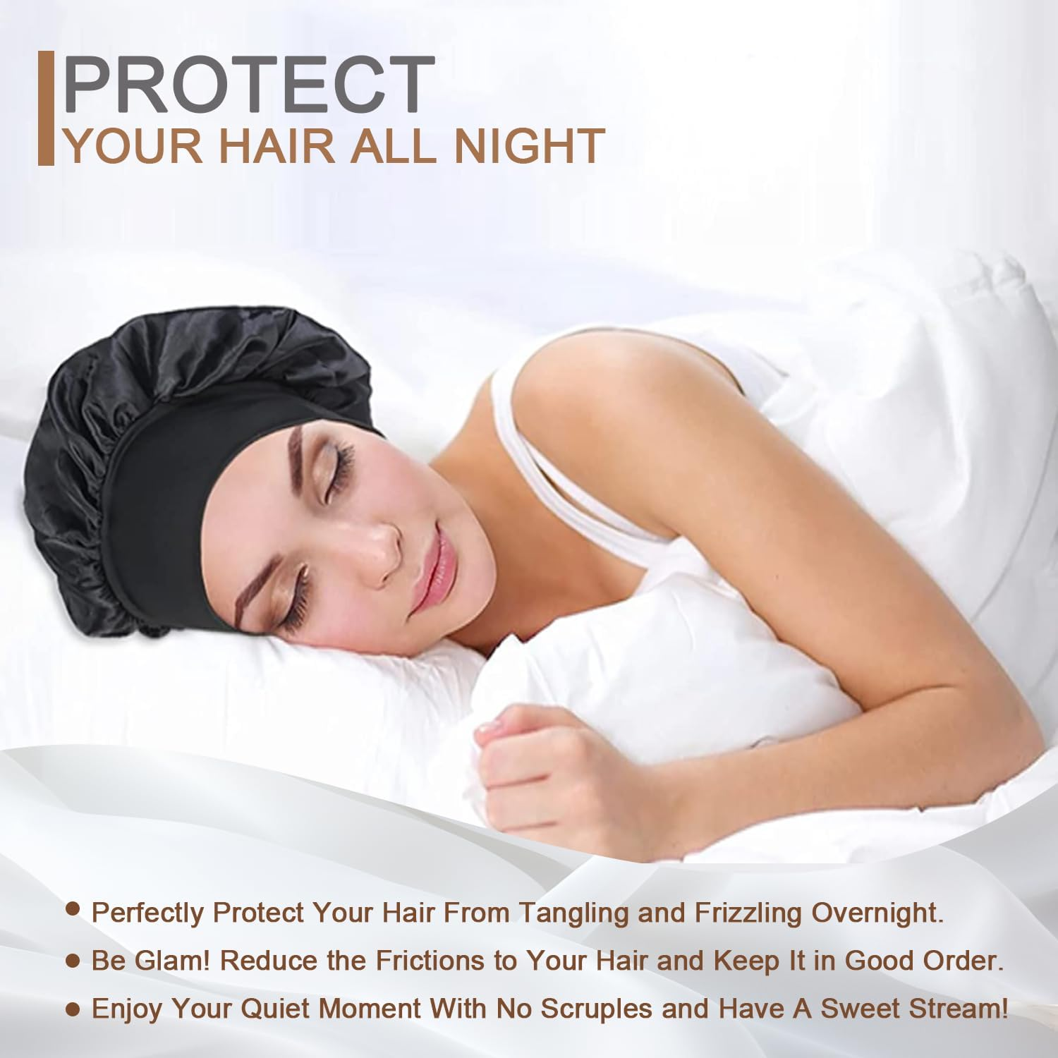 2PCS Silk Satin Bonnet for Sleeping, Soft Elastic Band Hair Bonnet for Women Curly Natural Hair, Double-Layer Silk Satin Sleeping Cap, Shower Cap for Women(Black&Golden) image number 5