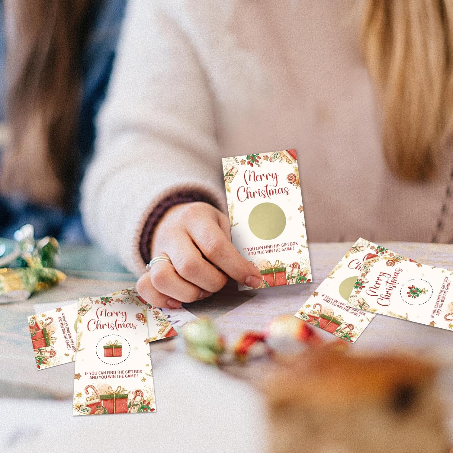 220REWIDPARTY 32 Pcs Merry Christmas Scratch off Cards, Find the Gift Box to Win Scratch off Tickets, Lottery Raffle Tickets for Baby Shower, Funny Christmas Winter Party Cards Supplies Decorations image number 1