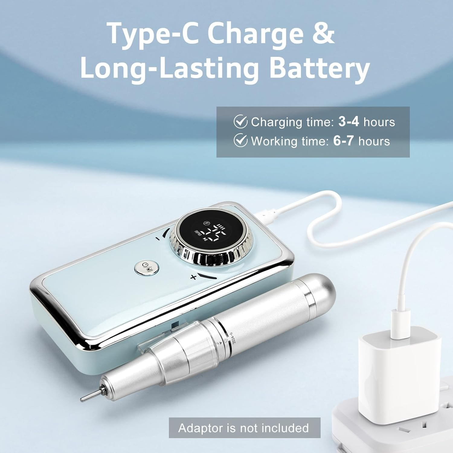 Madenia Professional Rechargeable Nail Drill: Electric Nail Files Portable USB E File for Acrylic Nails Gel, 35000RPM Adjustable Speed Electric Manicure and Pedicure Set with 6 Drill Bits,Blue image number 2