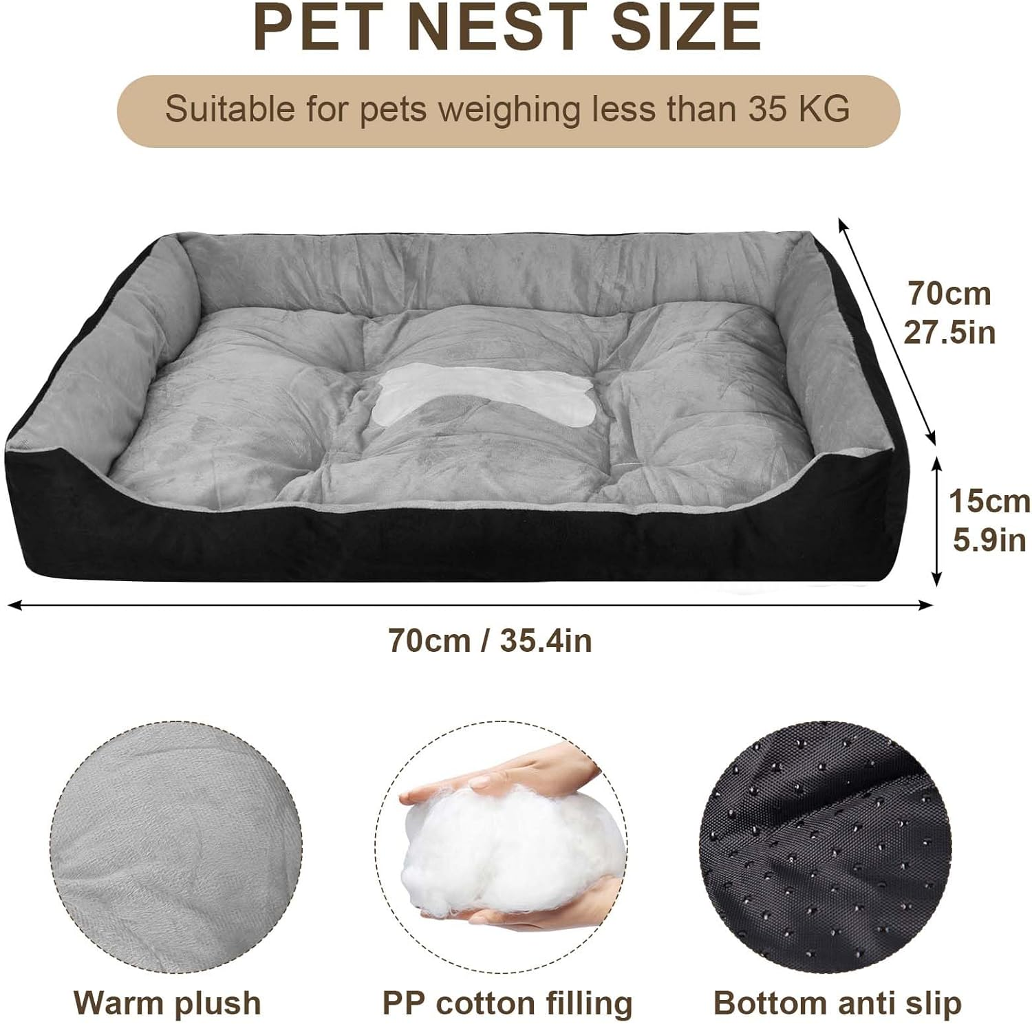 Dog Bed for Large Dogs, Fluffy Dog Bed, Washable, Soft Plush Dog Beds, Non-Slip Dog Basket, Dog Sofa, Pet Bed for Large Dogs and Cats, Black Grey, 90 X 70 Cm image number 1