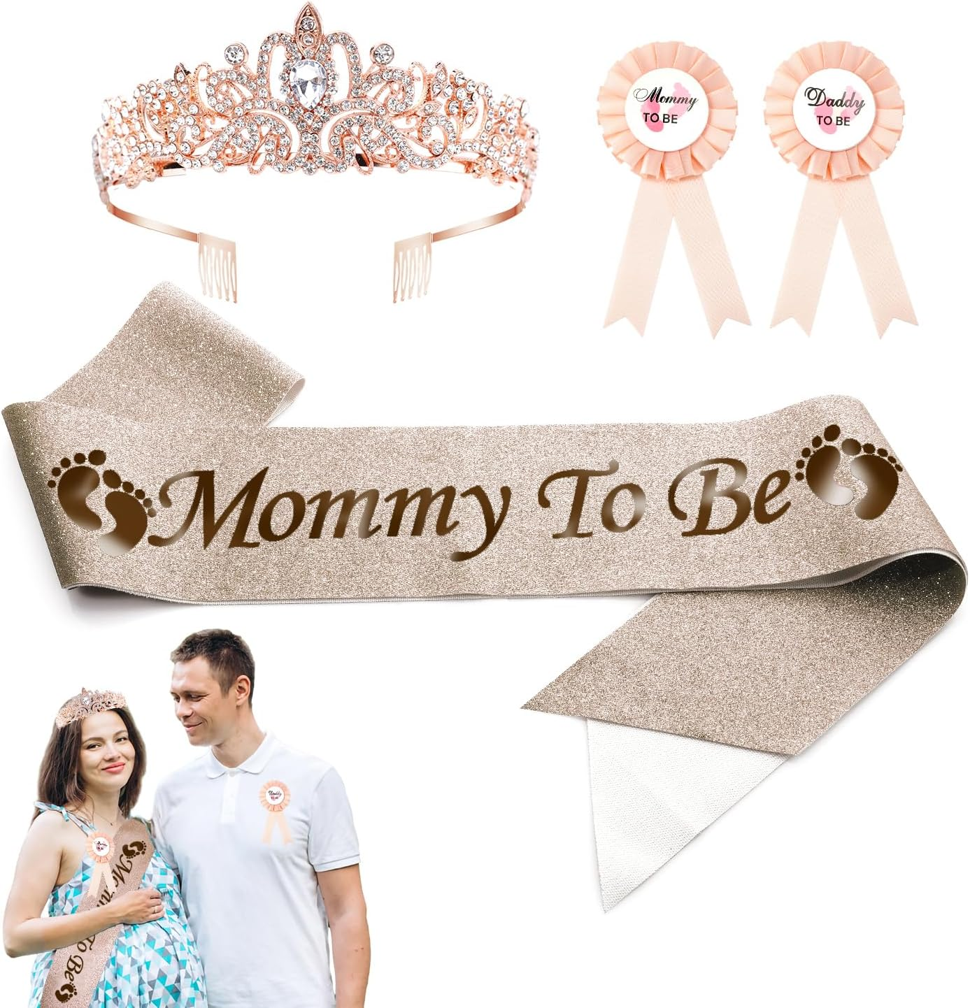 4Pcs Mommy to Be Sash Set, Mommy to Be Crown and Sash with Corsage for Pregnant Mommy and Daddy Mom to Be Baby Shower Decoration (Rose Gold)
