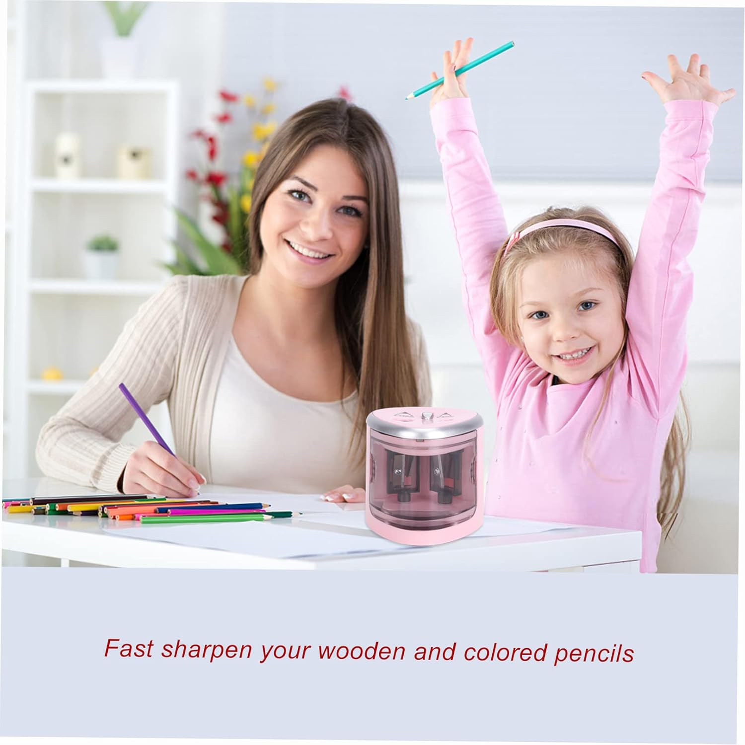 Eacam 2 Holes Electric Pencil Sharpener Multi-Functional Automatic Electric Pencil Sharpener for Home School Student, Auto Pencil Sharpener 2 Holes (6-8Mm / 9-12Mm)