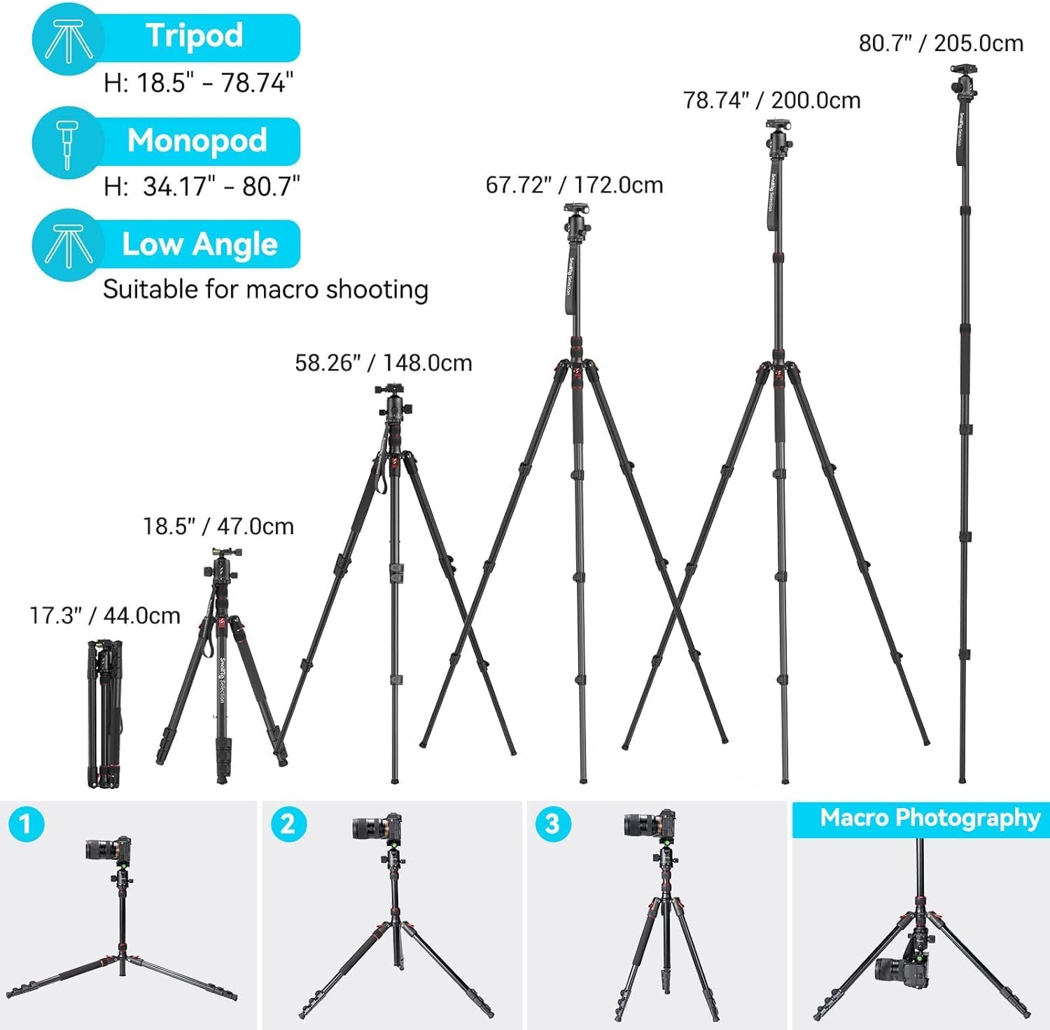 Smallrig Carema Tripod, 78.7" Foldable Aluminum Tripod & Monopod with 360&deg;Ball Head Detachable and Quick Release Plate, Adjustable Height from 18.5" to 78.7" image number 4