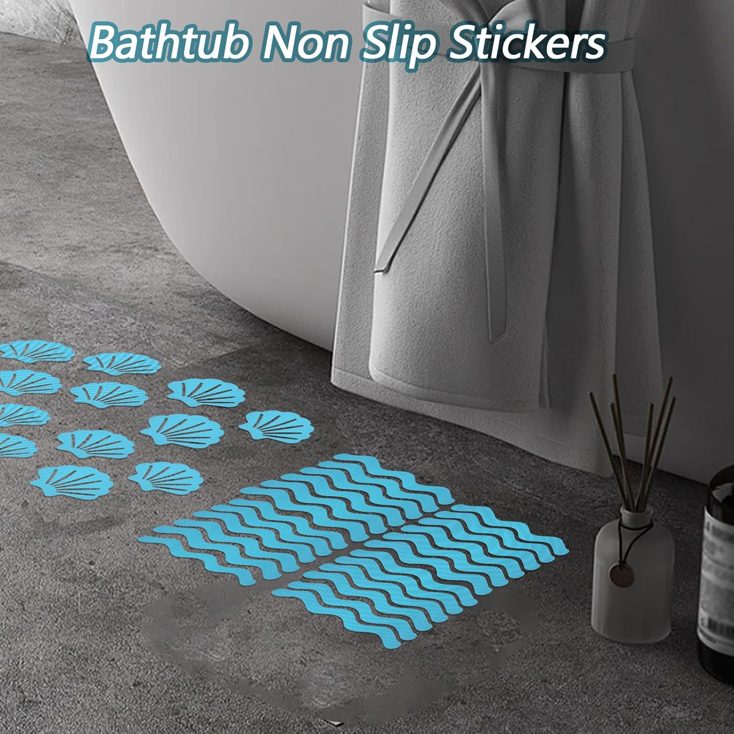 48Pcs Bathtub Stickers Non-Slip, FHDUSRYO anti Slip Shower Stickers, Safety Shower Treads Strips with Scraper, Adhesive Decals Appliques for Bath Tub, Showers Floor, Stairs, Ladders (Blue) - Blue image number 5