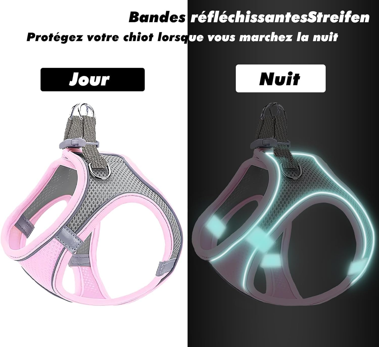 Dog Harness for Small Dogs, Puppy Harness, Cat Harness, Luminous with Lead, Curli Dog Harness, Puppy Accessories (Pink, M)