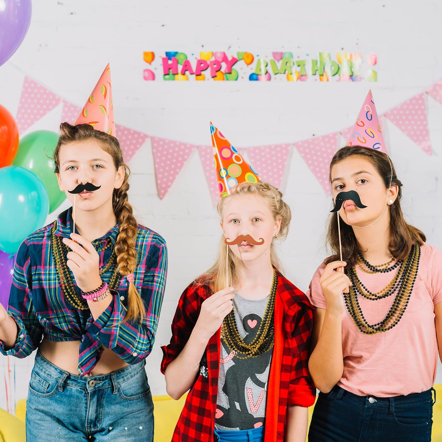 YAXINRUI 16 PCS New Year Necklaces, Gold Black Bead Party Favors, 33 Inch 7 Mm Beaded Necklaces for 2025 Years Eve Christmas Halloween Festive Events image number 3