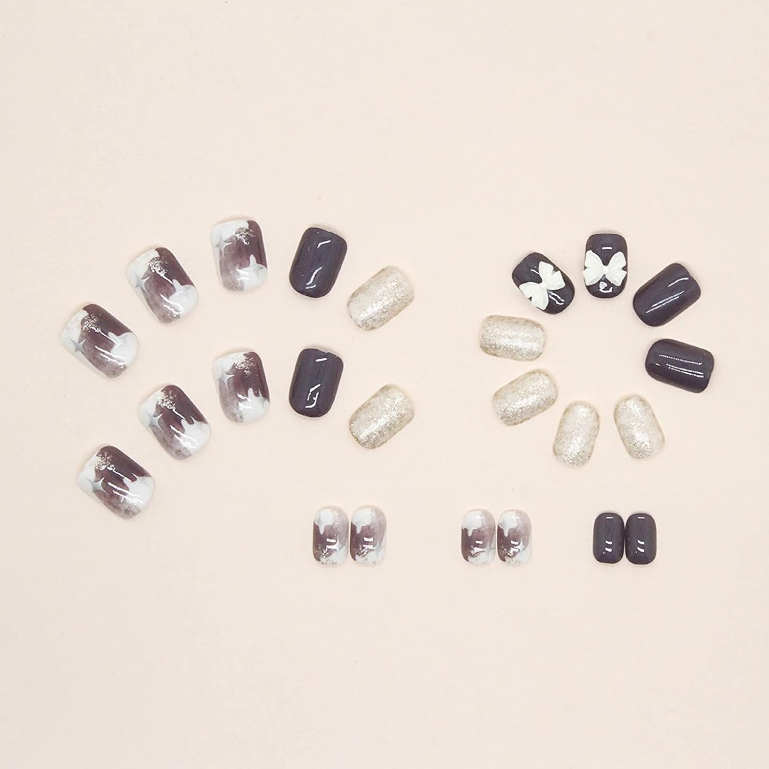 RYUUSEI Short Square Press on Nails, Fake Nails with White Gold Purple with Bow, Stick on Nails, Cute Fake Nails Full Cover Acrylic False Nails French Acrylic Nails Press on for Women Girls DIY Nail Manicure image number 4