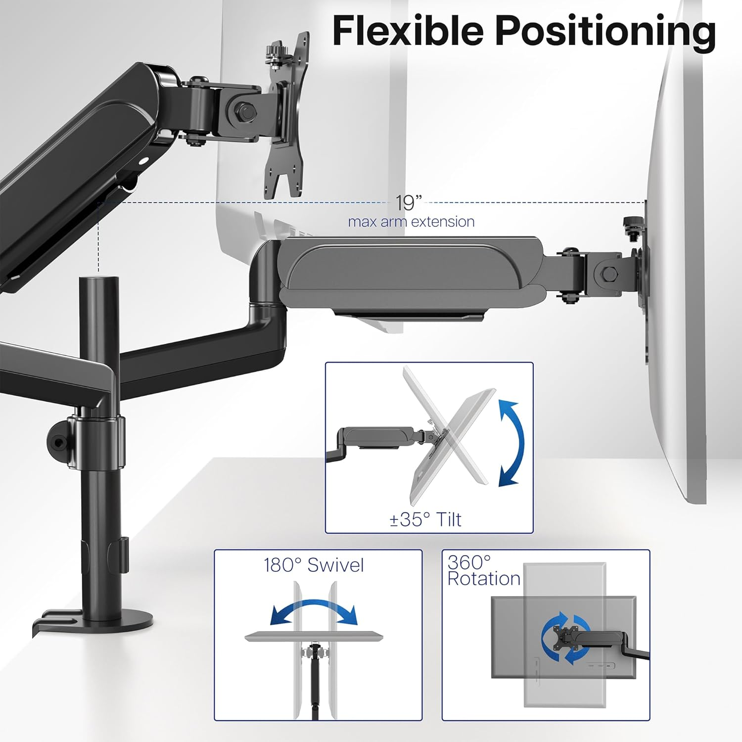 VIVO Dual Arm Computer Monitor Desk Mount with Pneumatic Height Adjustment, Full Articulation, Vesa Stand with C-Clamp and Grommet, Holds 2 Screens up to 32 Inches (Stand-V002K) image number 3