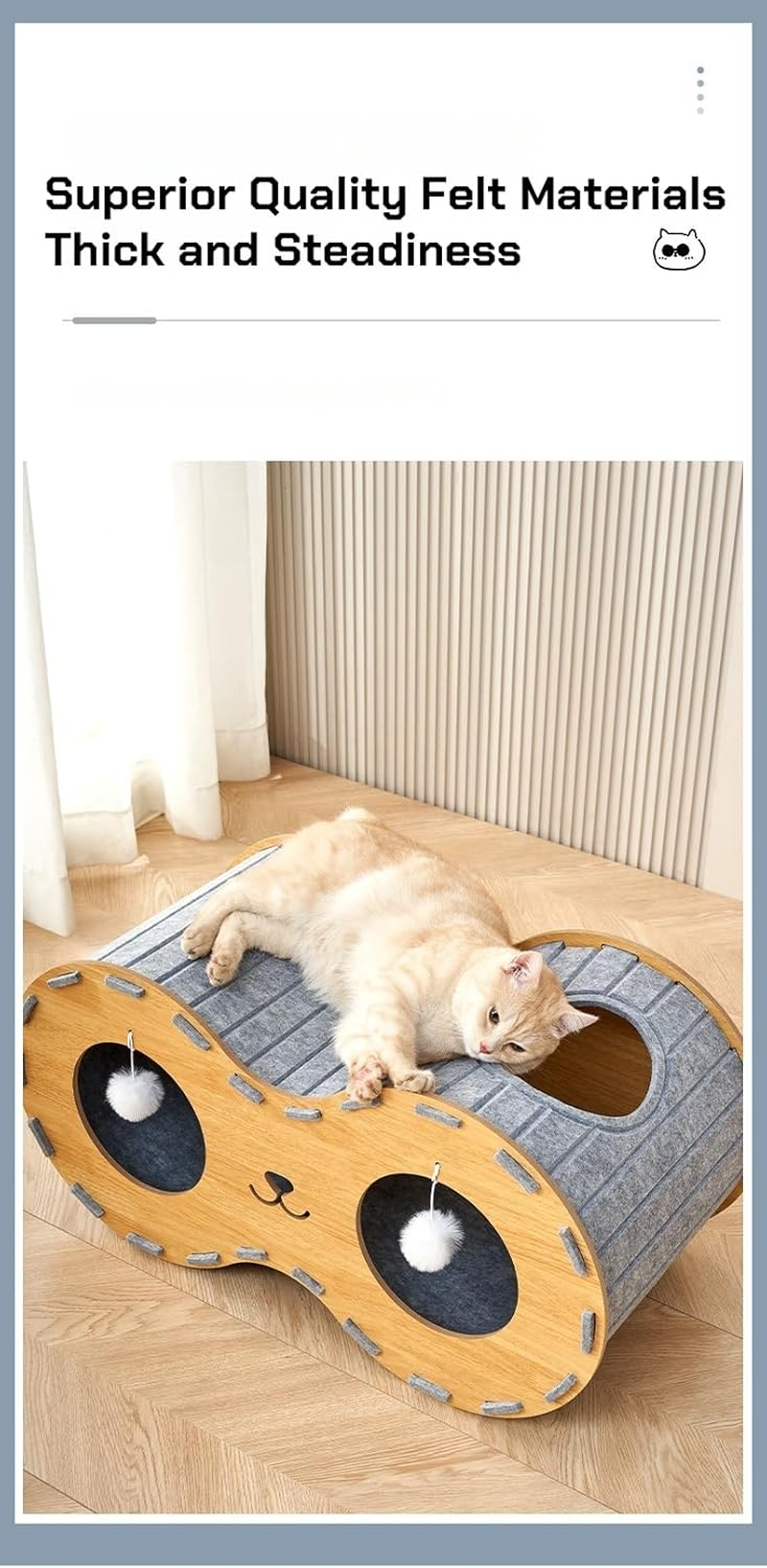 Cat Beds for Indoor Pets, 31.5" (80Cm) Extra-Large Cat Cave for Multi-Pet, Cozy House with Fluffy Ball Hanging, Scratch Resistant Felt Kitten Hideaway Bed, Feline Tunnel, Heavy Duty Wood,Grey Felt