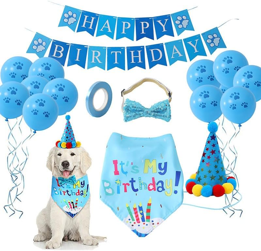 Dog Birthday Set, Dog Birthday Party Supplies, Dog Birthday Hat, Dog Bandana, Birthday Party for Puppy Cat Pets (Set of 8) image number 1