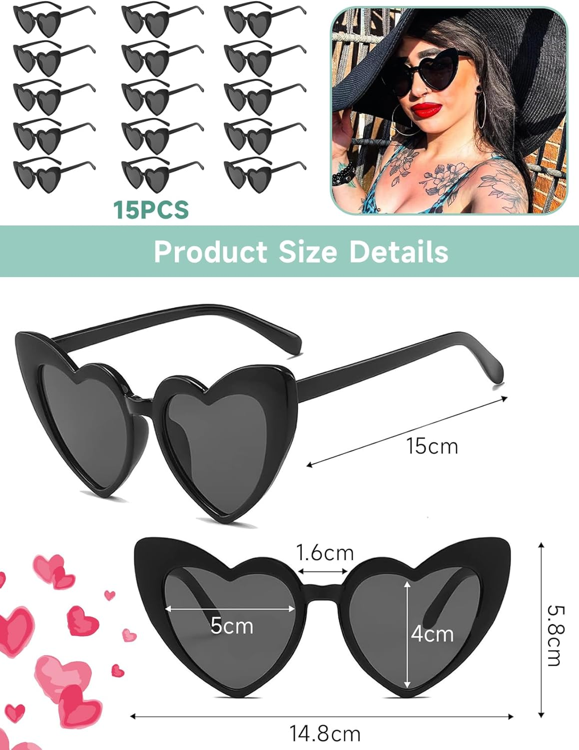 15 Pairs Heart Glasses for Women, UV 400 Protection Heart Shaped Glasses, Cute Heart Glasses Vintage Style Eyewear for Ladies, Fashion Party Decorations Supplies for Wedding Bachelorette image number 1