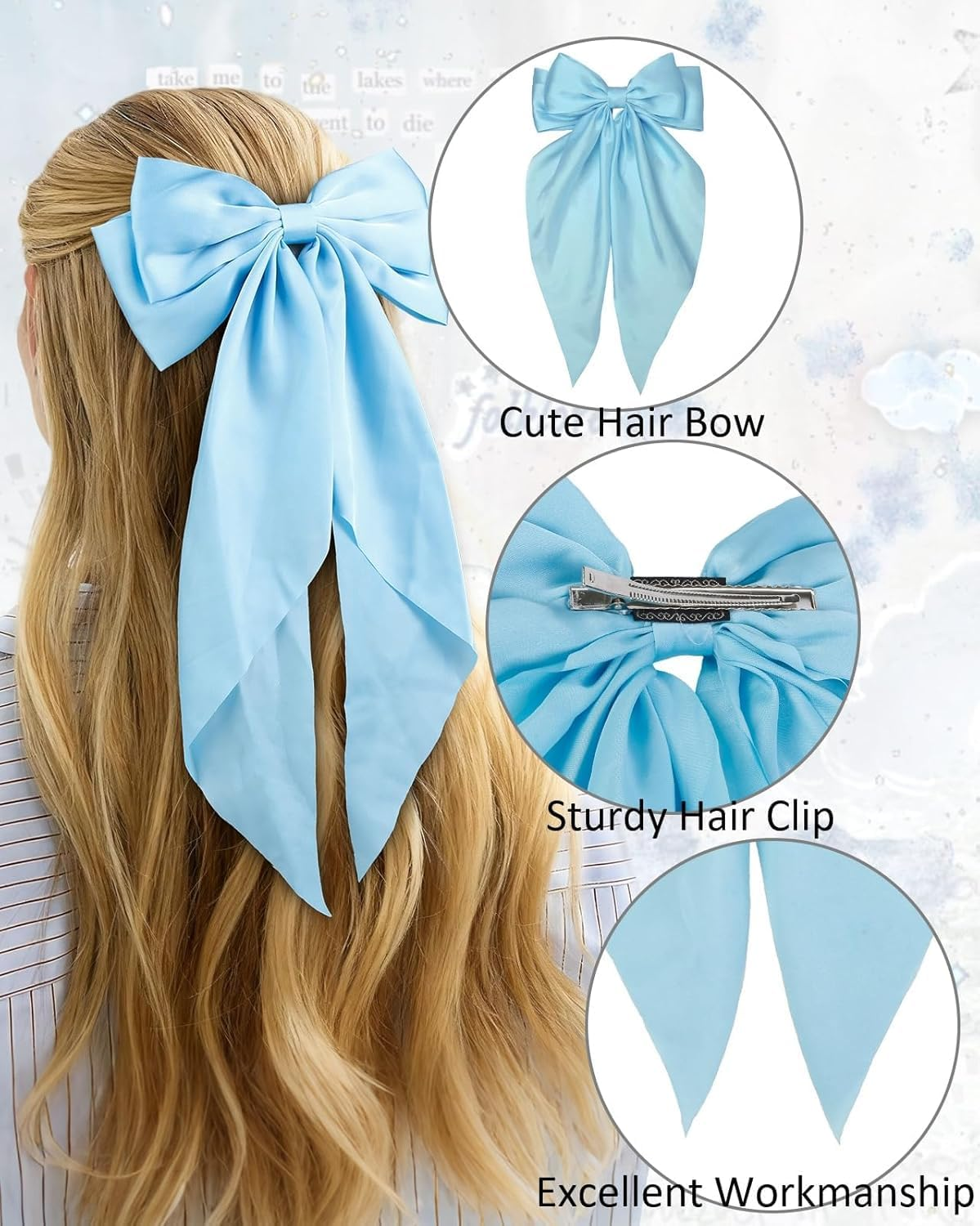 Hair Bows for Women Clips Big Hair Bow Ribbon, Long Silky Satin Ribbon Bows for Oversized,Light Blue Large Hairbow Barrettes Coquette Hair Accessories for Women Girls Aesthetic - Blue image number 4