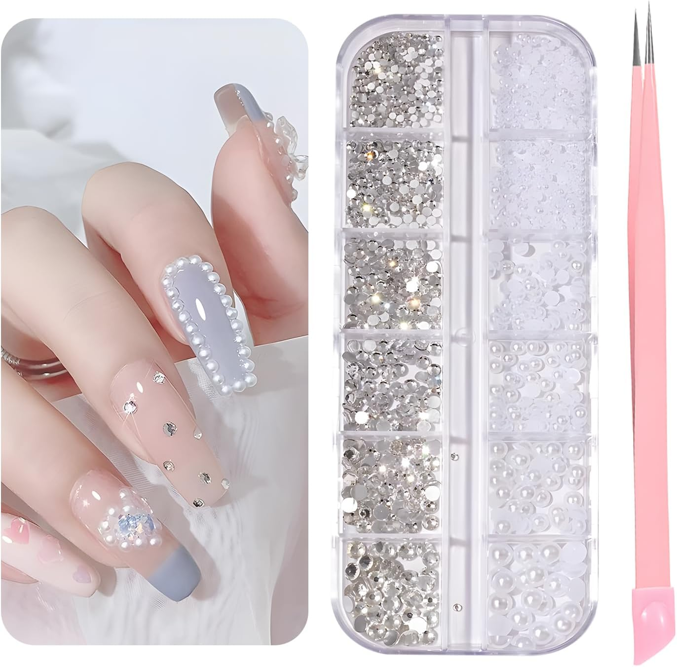 TORMEN Nail Art Diamonds , Rhinestones & Half round Pearls Nail with Tweezers, Multiple Sizes for DIY Nail Art Accessories & Natural or Acrylic Nails