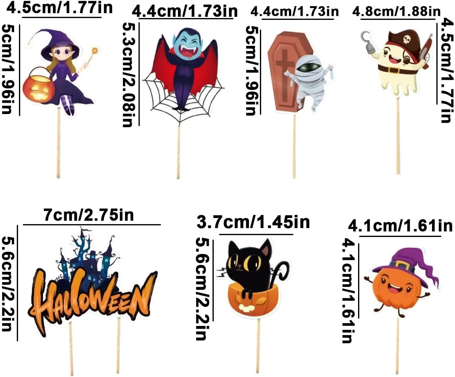 Halloween Cupcake Toppers | 7X Halloween Cupcake Picks | Castle, Zombie, Ghost, Witch, Black Cat, Vampire, Pumpkin Graveyard Tombstone Cupcake Toppers for Horror Party image number 1
