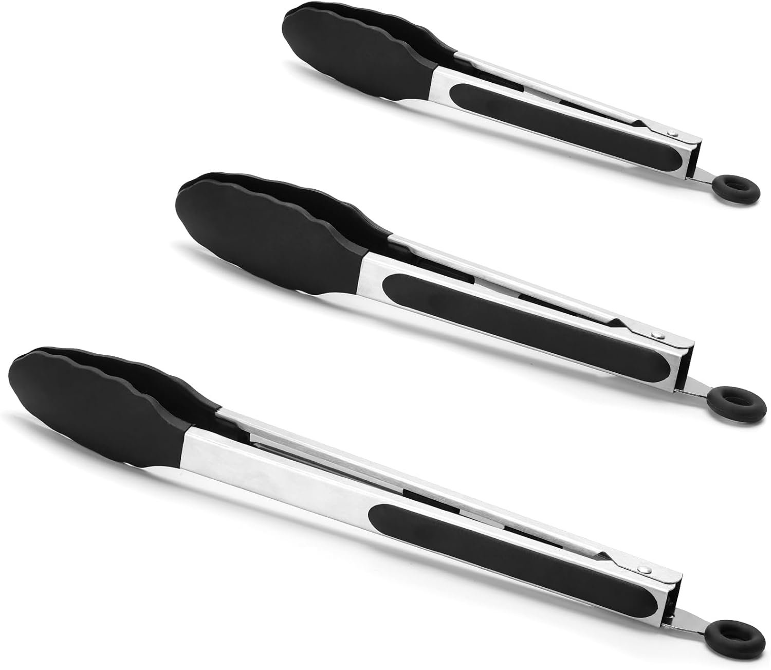 3 Pack Black Kitchen Tongs, Heat Resistant Silicone Tongs, Anti-Slip Stainless Steel BBQ Tongs, Kitchen Essentials for Cook, 7",9" and 12"
