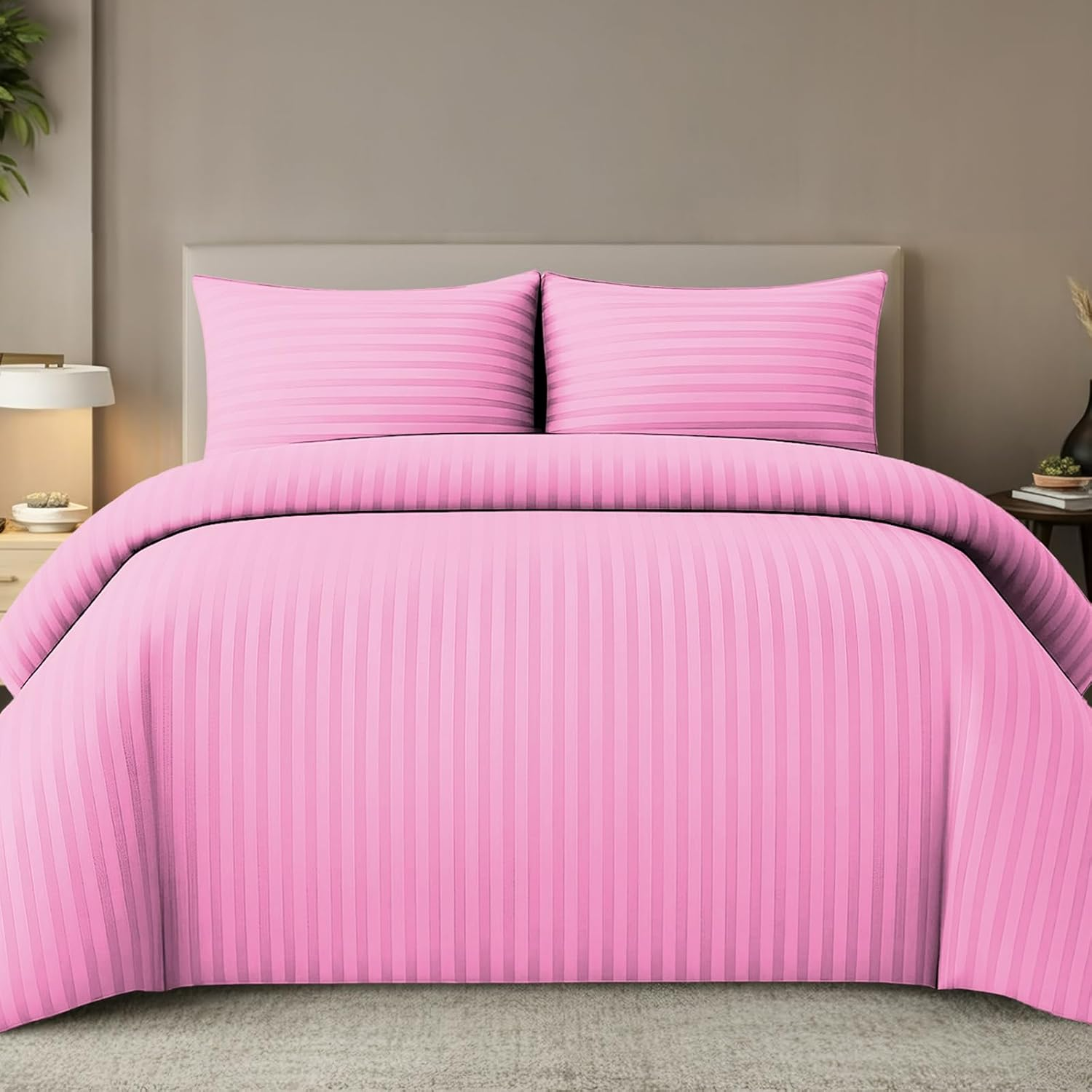 Pamposh Satin Stripe Double Duvet Set - Premium Hotel Quality Quilt Cover Bedding Sets - Hypoallergenic Ultra Soft Microfiber Bed Linen image number 1