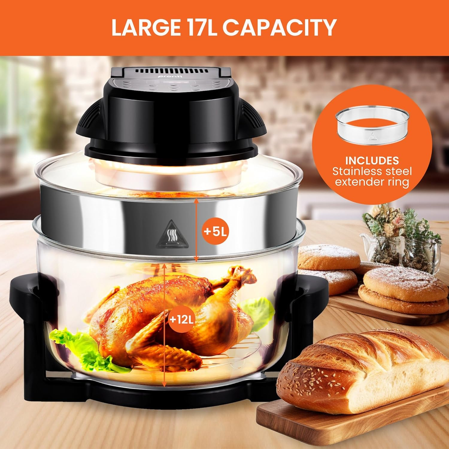 Pronti 17L Convection Oven Air Fryer Digital Turbo Healthy Broiler Cooker 1400W Roast Bake Grill BBQ Fry Defrost - Black image number 6