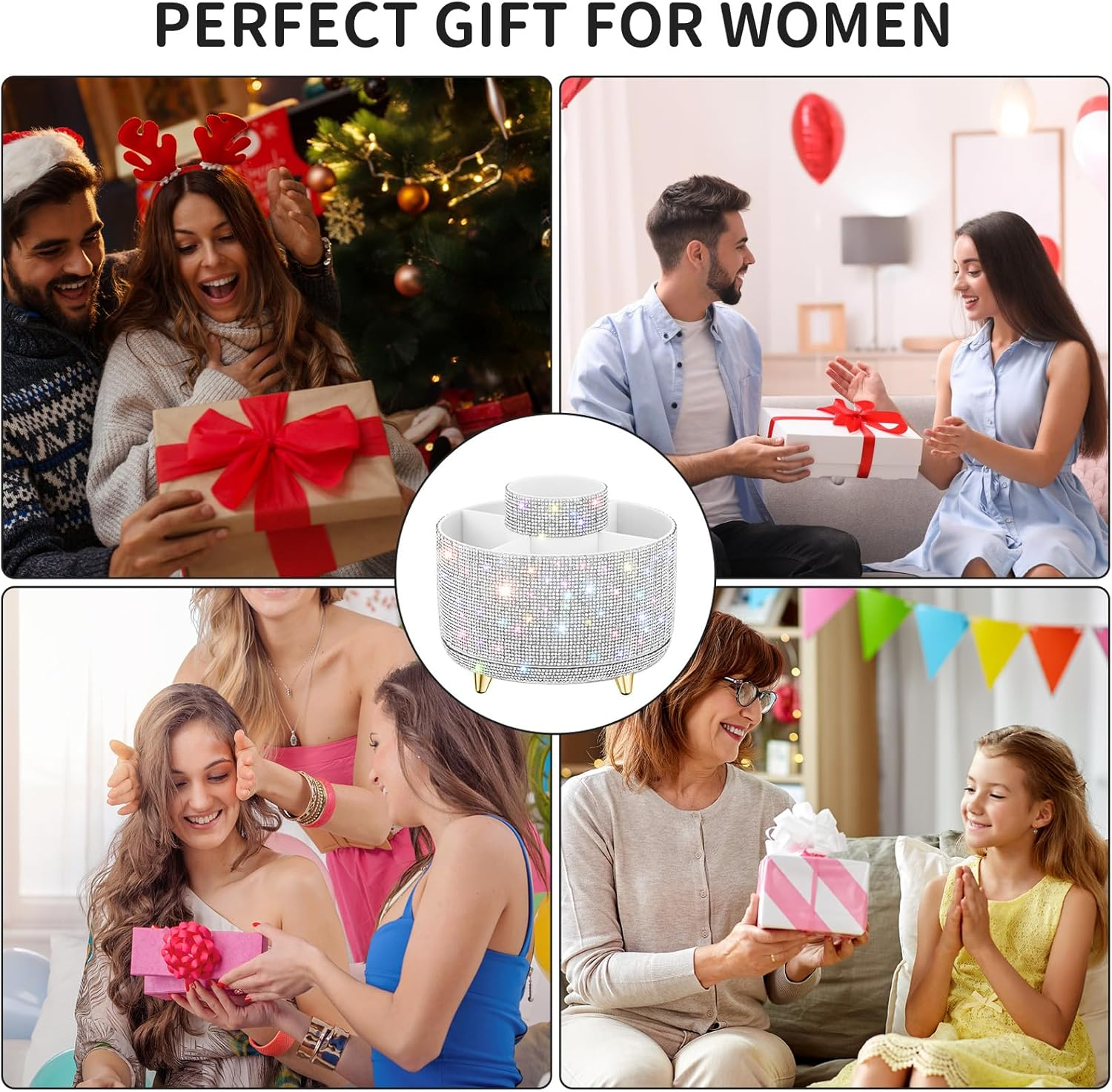 Fanado Bling Diamond Makeup Brush Holder, 360&deg; Rotating Makeup Organizer, 5 Slot Make up Brushes Cup for Countertop, Storage for Cosmetics Pen Eyeliner Skincare on the Vanity (Diamond White) - Diamond White Ab image number 2