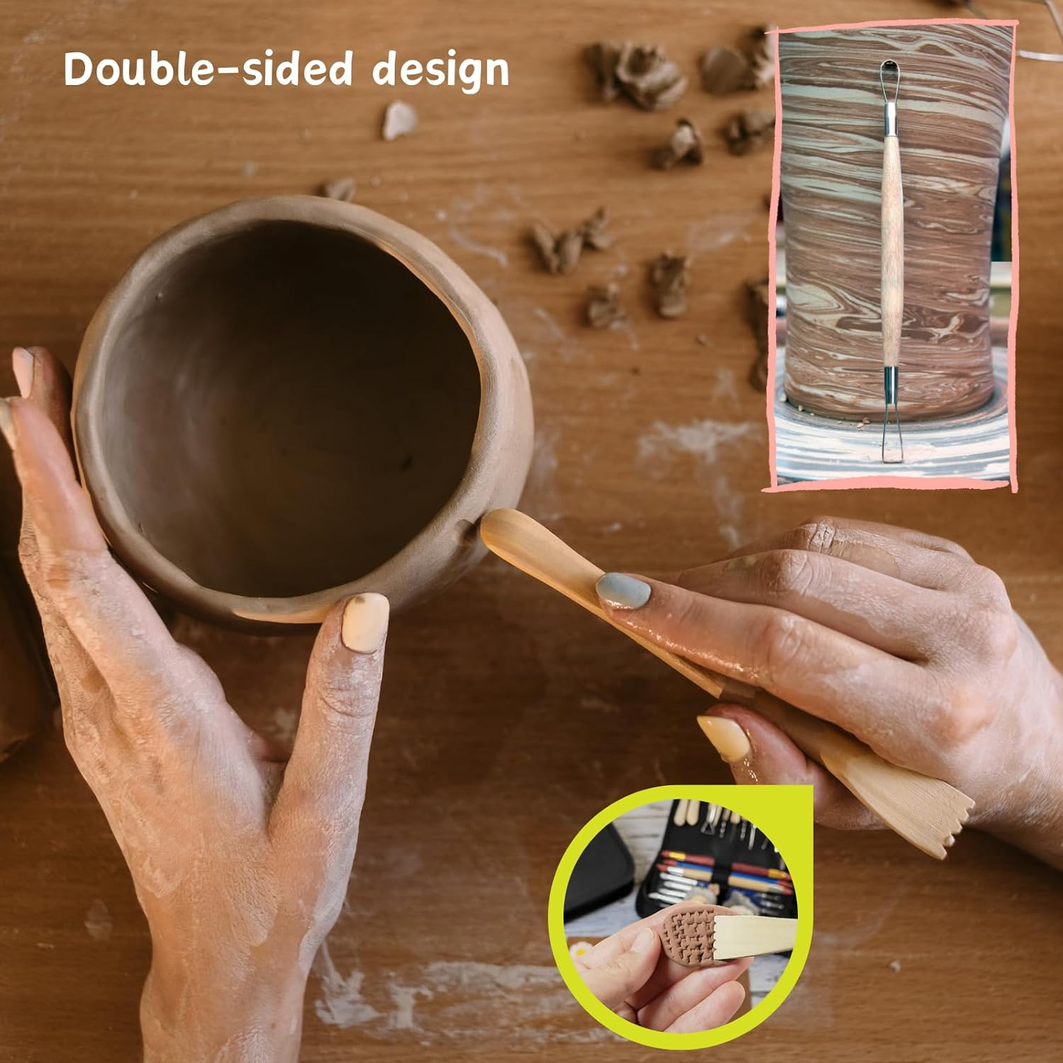 Pottery Tool Kit，Clay Sculpting Tools,43 Pcs Double Sided Pottery Wheel Tools for Adults，Pottery Carving Tools，Pottery Kiln Tools at Home，Ceramics Tools Set with Carrying Case Bag and Apron image number 4