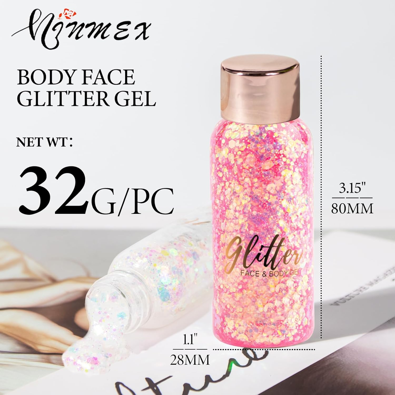 Body Glitter Gel, Face Glitter Gel,Intense Glitter Makeup Face Glitter Gel,Chunky Glitter for Eye Lip Hair Sparkling Body Glitter Gel for Women,Rave Glitter Festival Accessories（Pink） image number 4