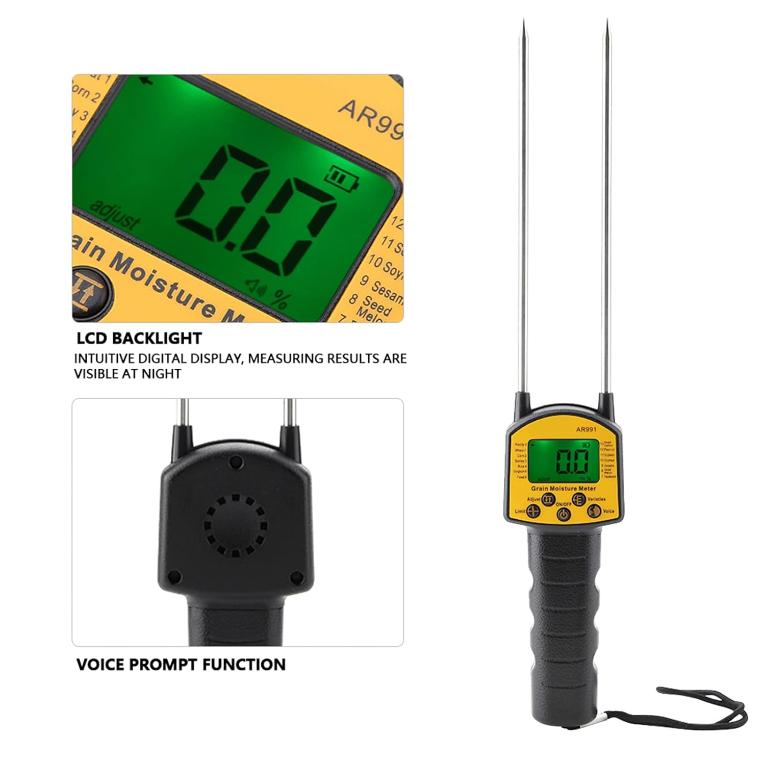 AR991 Digital Meter LCD Backlight Rod Probe Humidity Tester for Wheat Corn Rice Peanut Soybean and More image number 5