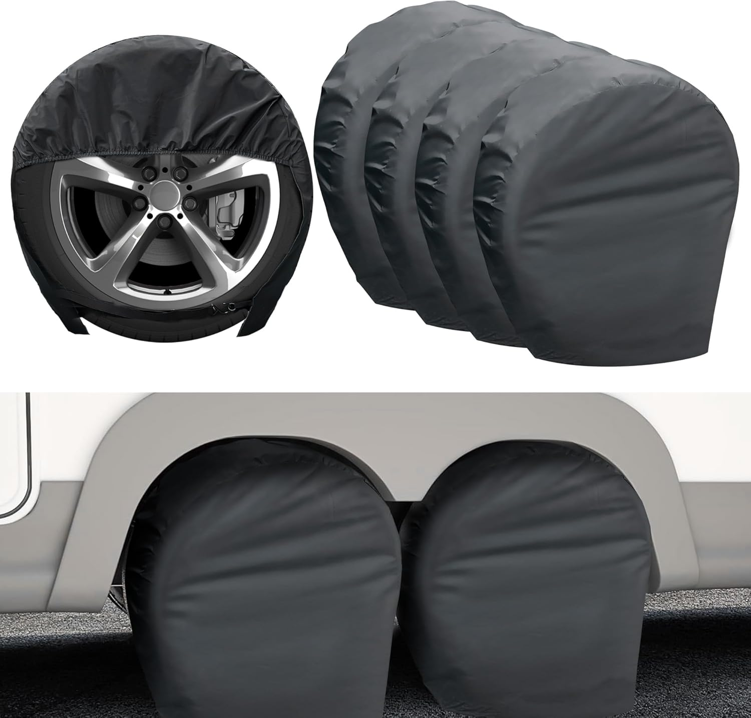 Tire Covers 4 Pack, Tough Tire Wheel Protector for RV, Truck, SUV, Travel Trailer, Jeep, Camper, Universal Outdoor Waterproof Windproof Tire Cover Set Fits Tire Diameters 27-29 Inches(Black) image number 5