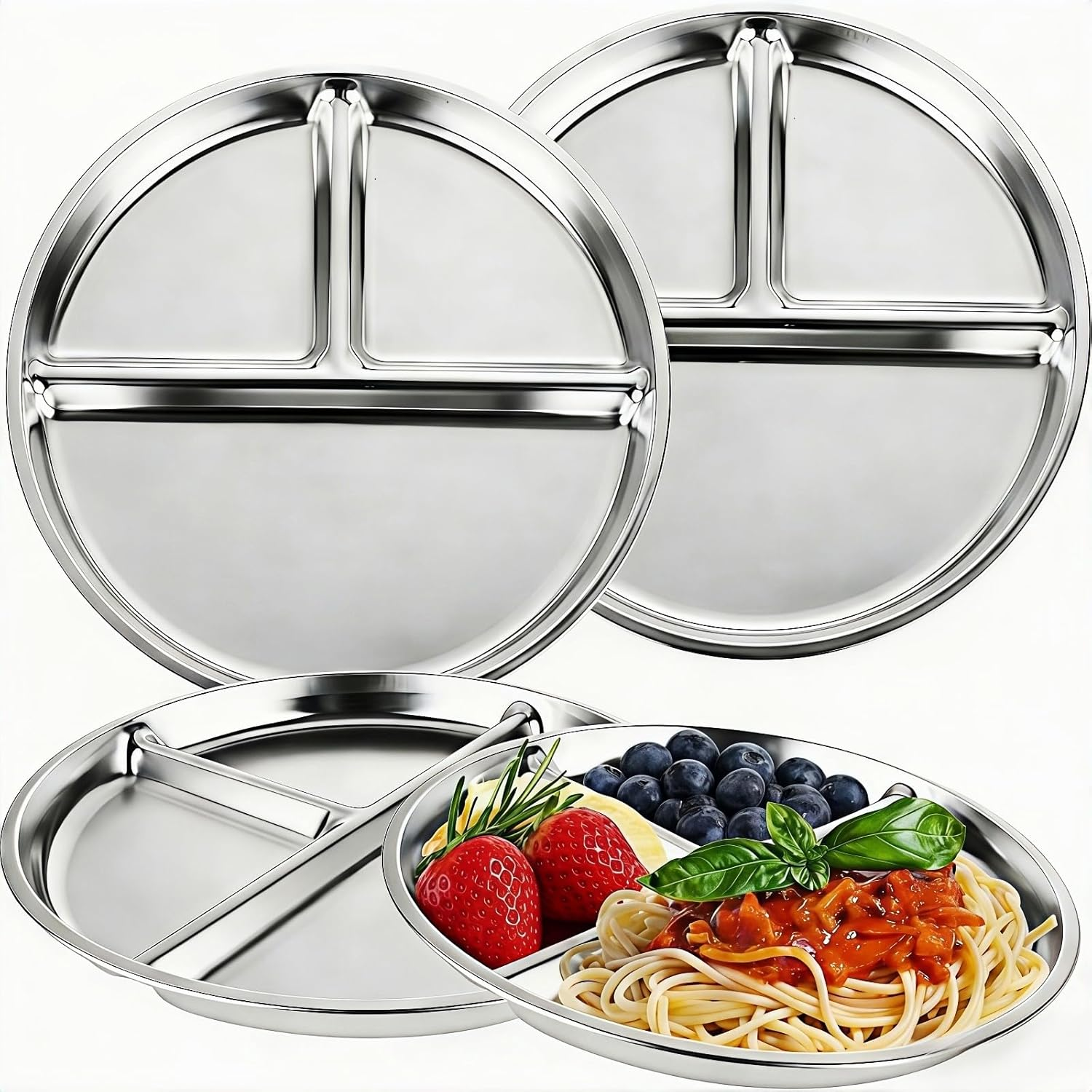 4 Pack Stainless Steel Kids Plates,8In Portion Control Platter with 3-Compartment 304 Stainless Steel，Easy to Clean Plate for Adults Kids of Camping, Breakfast ，Lunch and Dinner